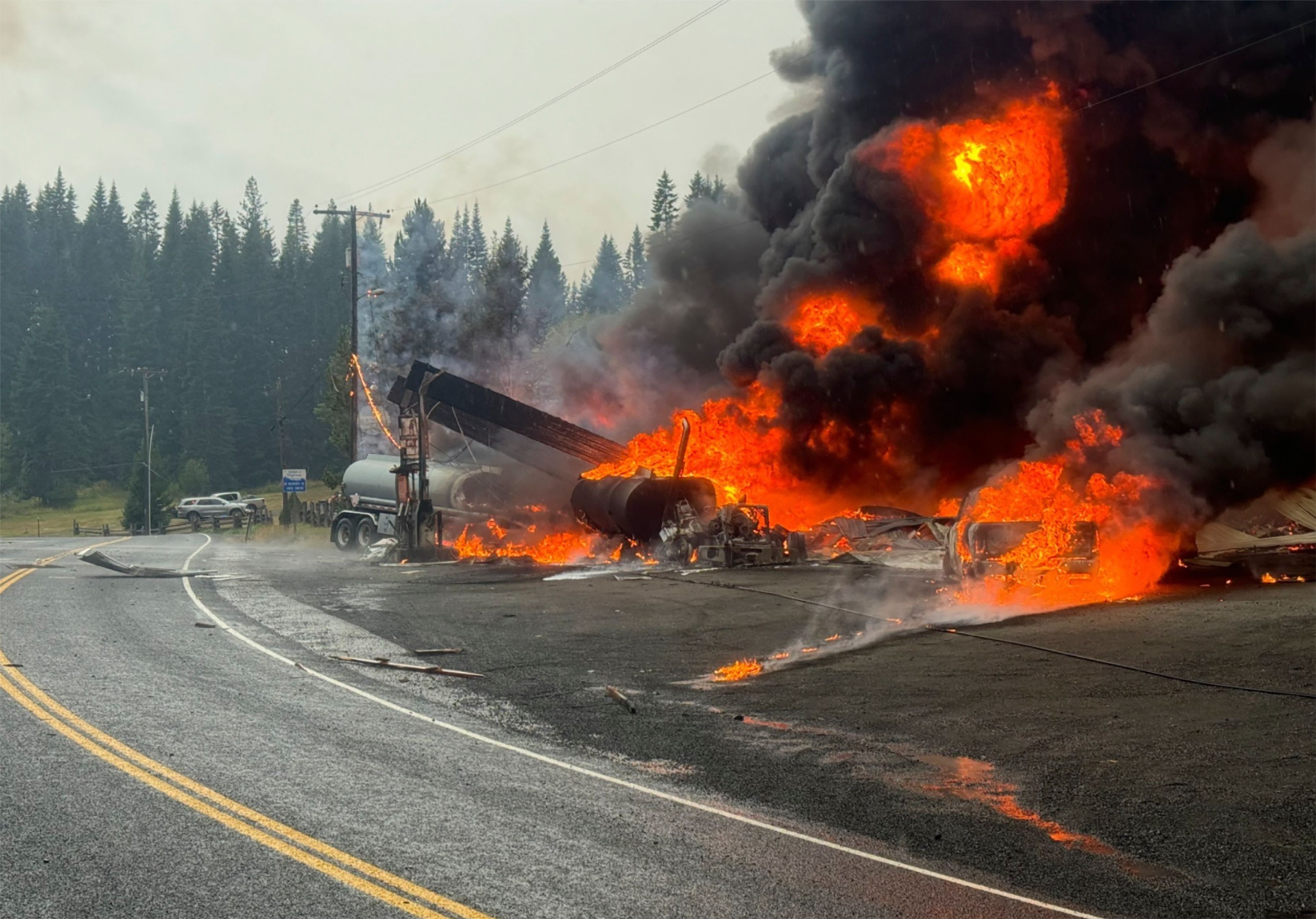 A fire burns at the gas station after an explosion on Wednesday, Sept. 12, 2024 in Cardiff, Idaho. (Clearwater County Sheriff's Office via AP).