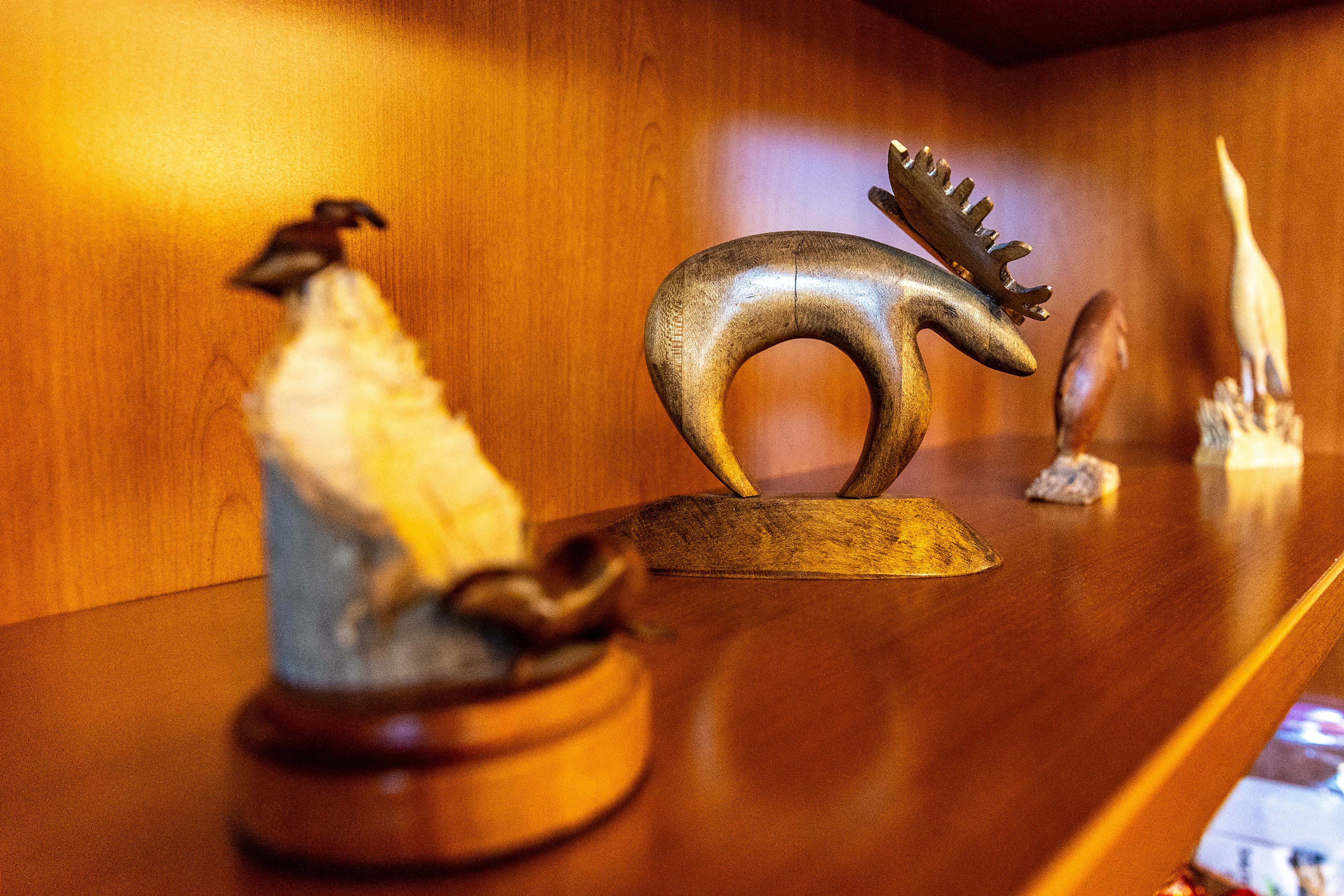 Woodwork by Donald Lawrence sits on a shelf in his room at the Idaho State Veterans Home Thursday in Lewiston.