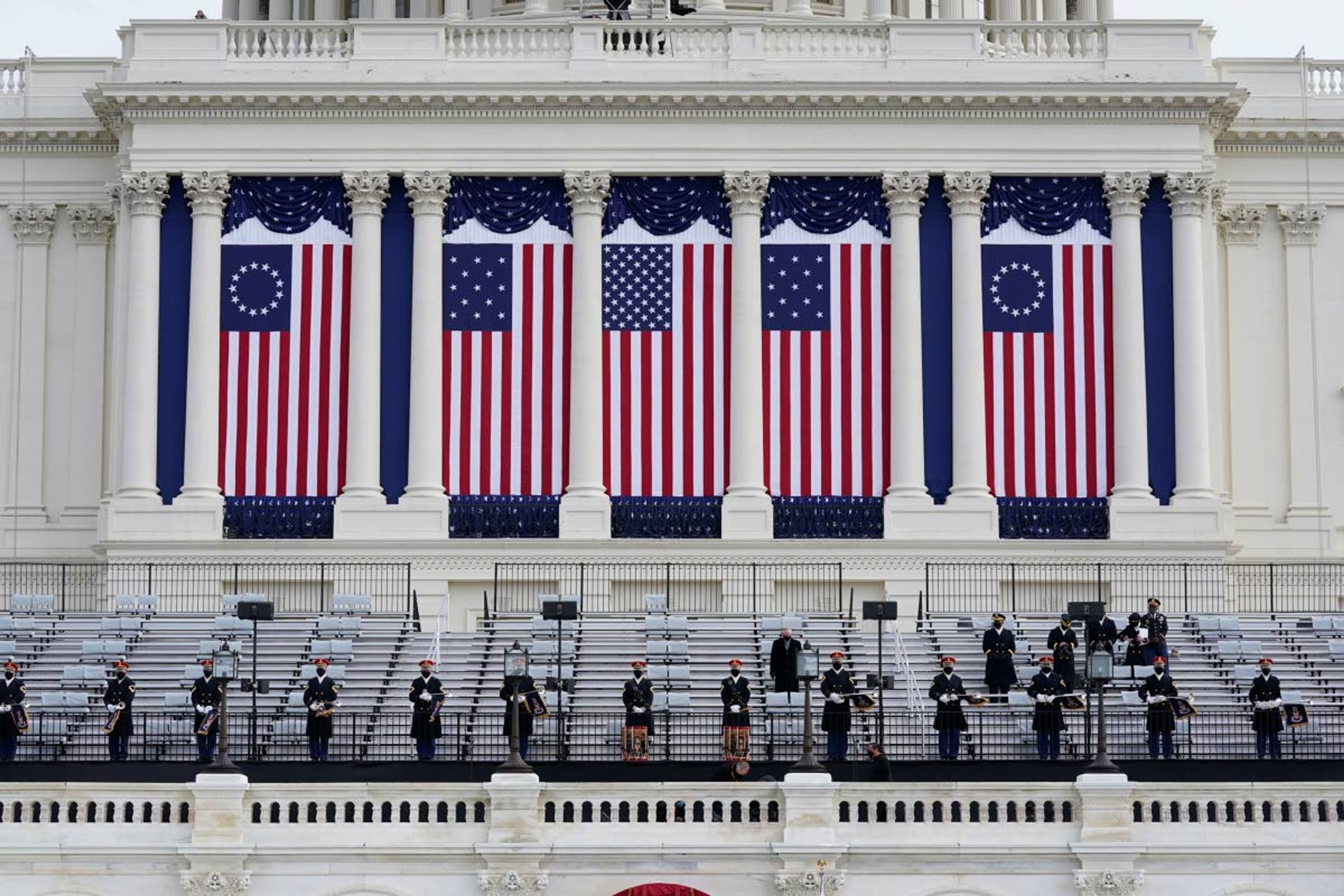 Preparations are made prior to a dress rehearsal for the 59th inaugural ceremony for President-elect Joe Biden and Vice President-elect Kamala Harris on Monday, January 18, 2021 at the U.S. Capitol in Washington. (AP Photo/Patrick Semansky, Pool)