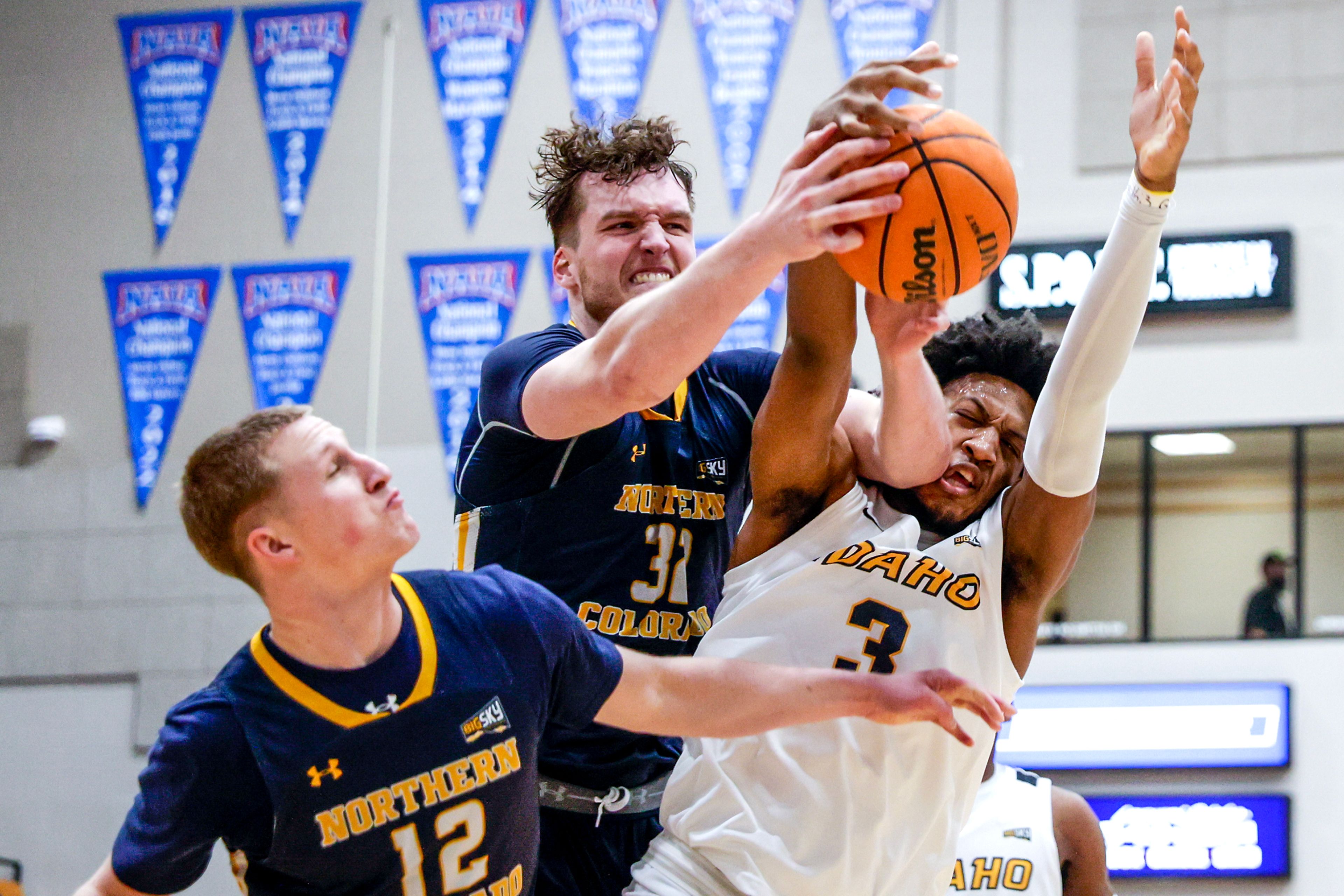 Northern Colorado center Theo Hughes and Idaho forward/center Isaac Jones compete for the rebound in a Big Sky game at the P1FCU Activity Center on the Lewis-Clark State College campus Thursday in Lewiston.