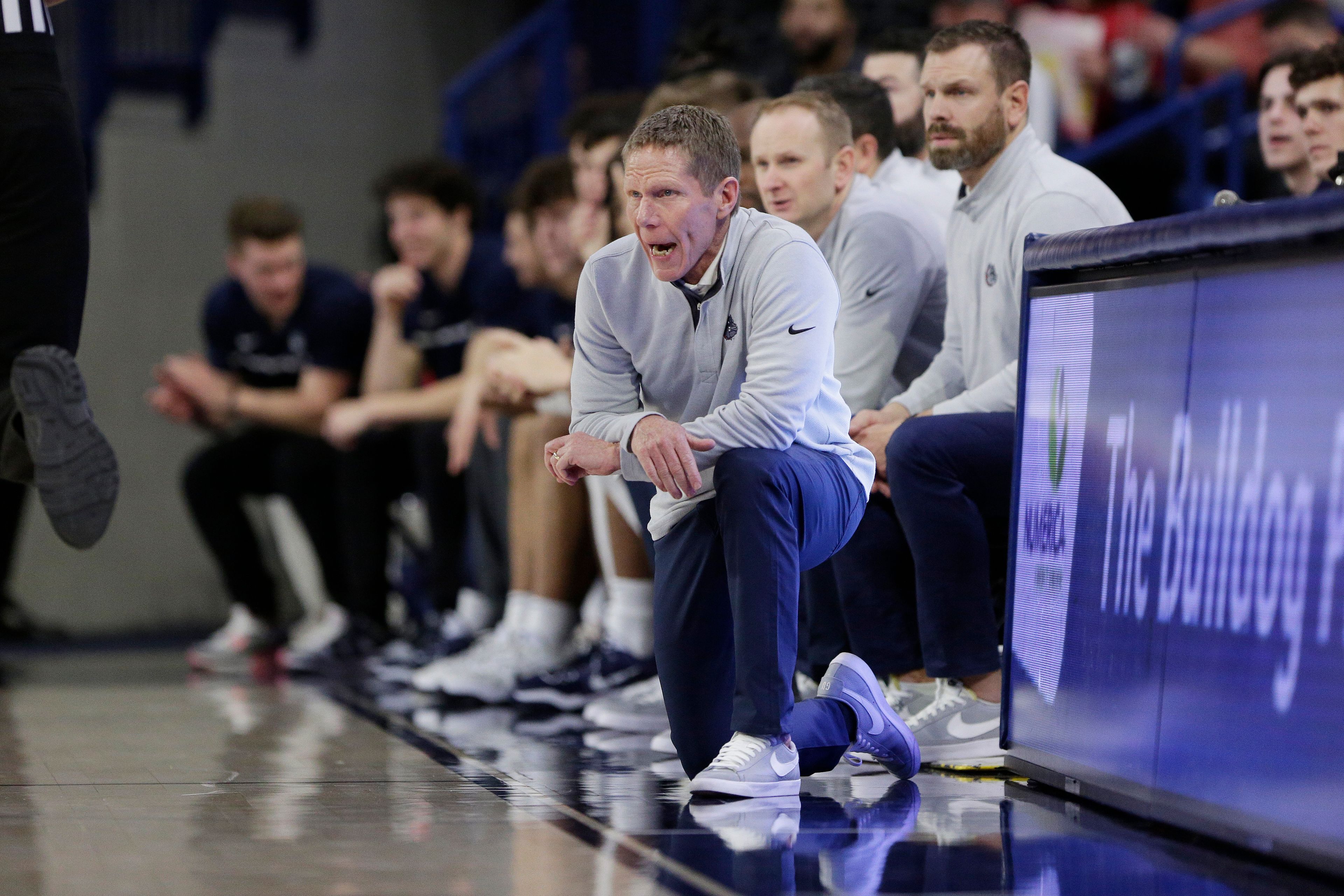 Gonzaga head coach Mark Few directs his team during the first half of a college basketball game against Eastern Oregon, Wednesday, Dec. 28, 2022, in Spokane, Wash. (AP Photo/Young Kwak)