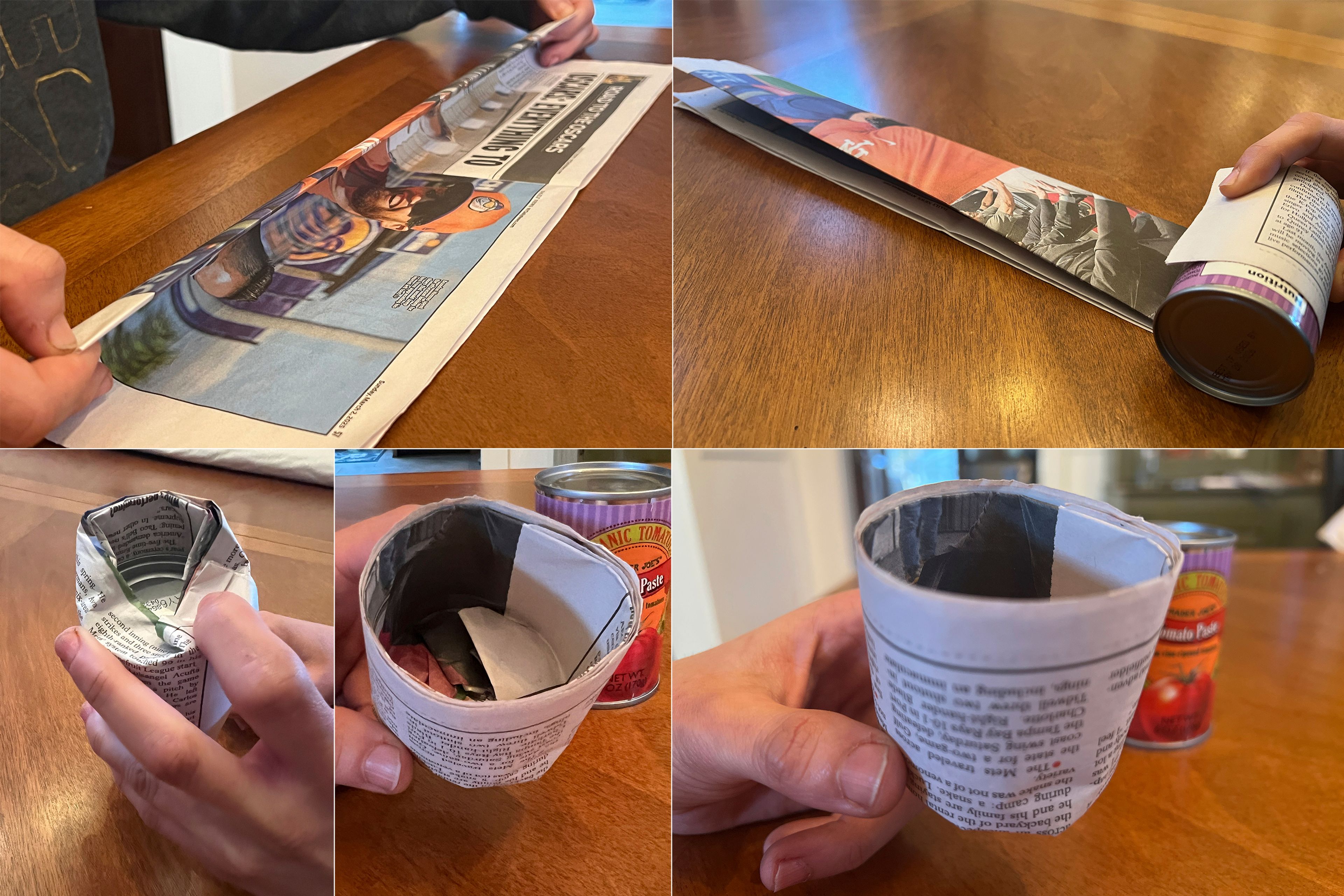This combination of photos taken on March 2, 2025, show the steps in making a DIY seed pot from a sheet of newspaper. (Jessica Damiano via AP)