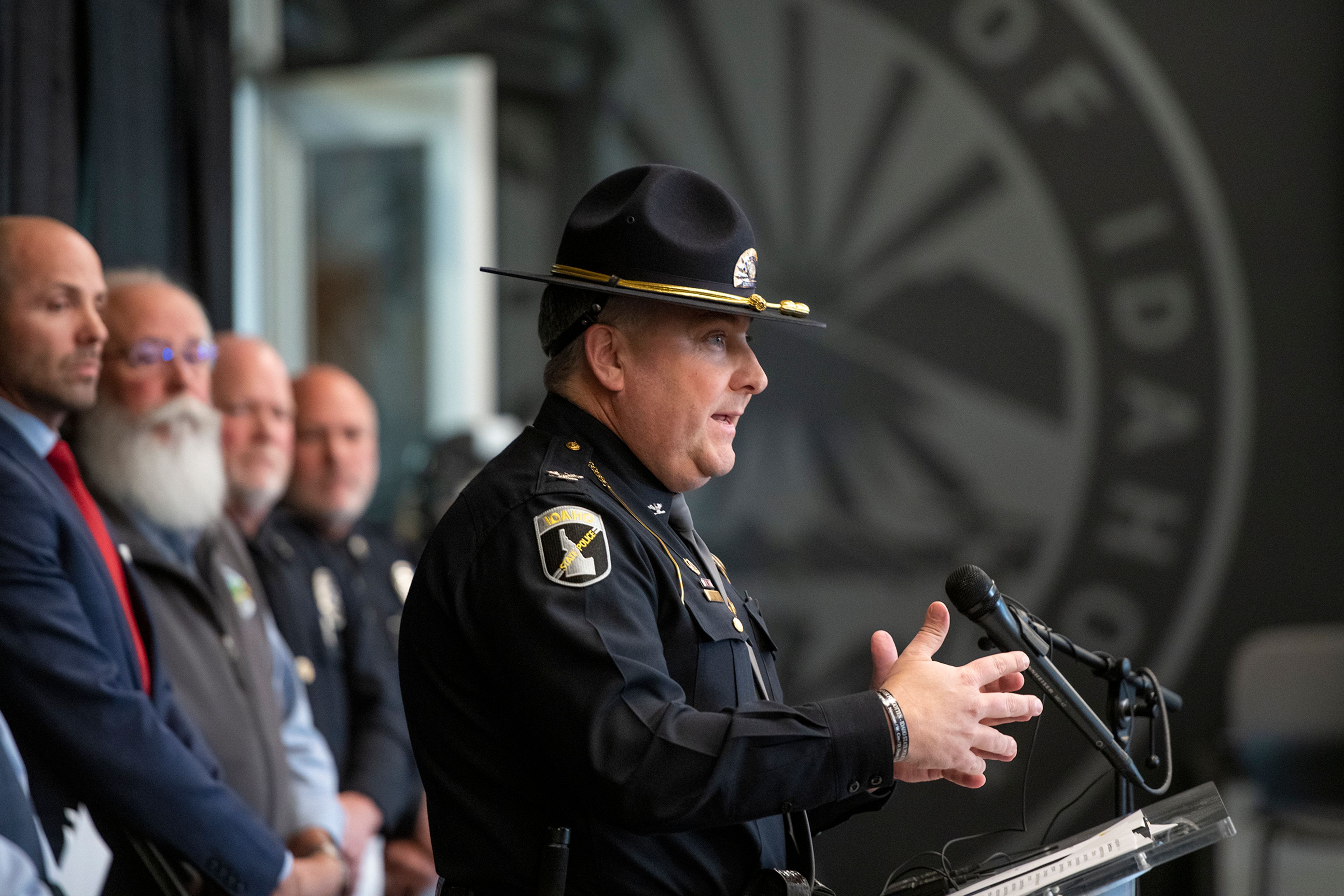 Idaho State Police Col. Kedrick Wills speaks at a press conference about a quadruple homicide investigation involving four University of Idaho students at the Idaho Central Credit Union Arena on Wednesday in Moscow.