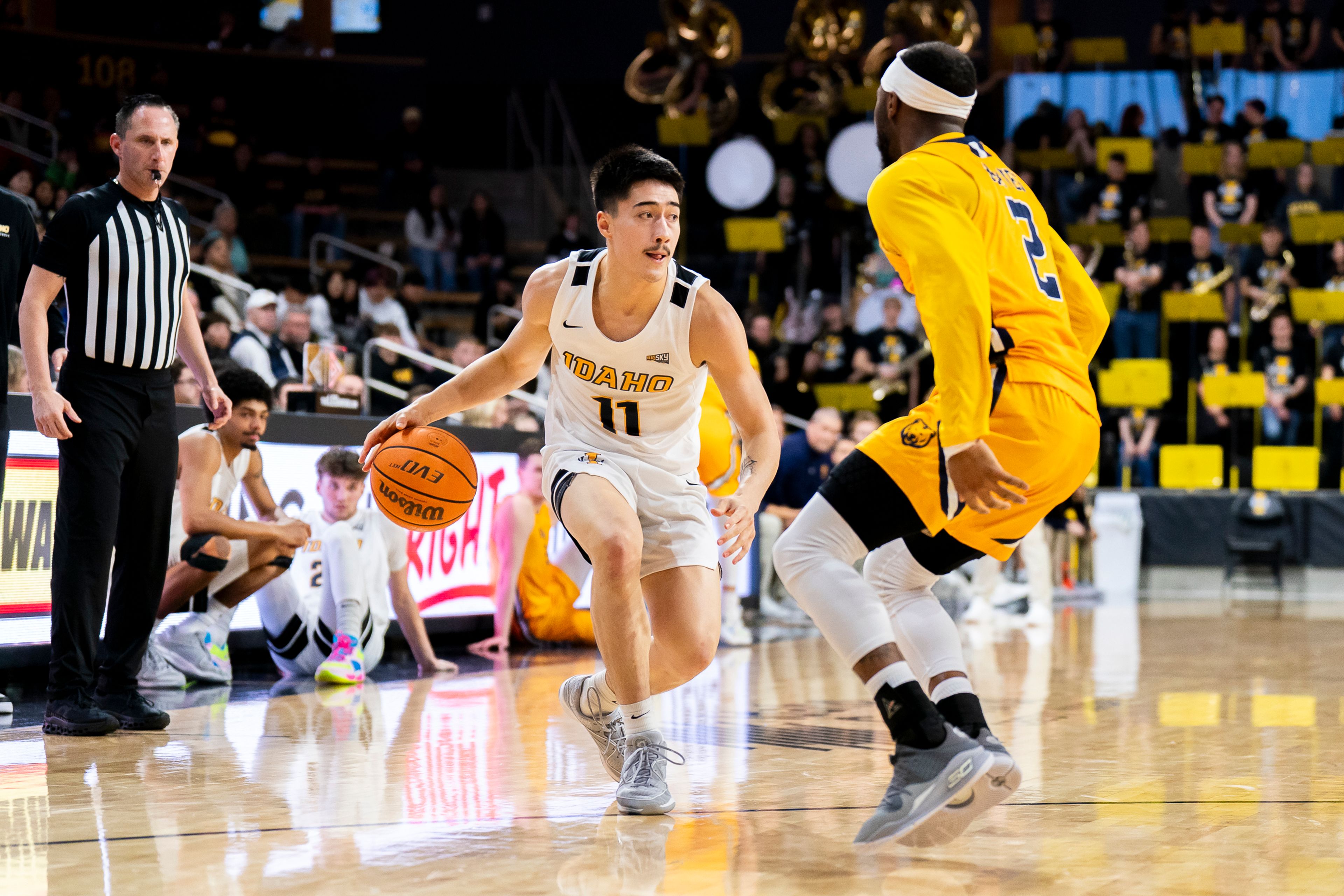 Idaho�s Titus Yearout (11) dribbles the ball during a game against Northern Colorado on Saturday, Jan. 27, at ICCU Arena in Moscow. ,