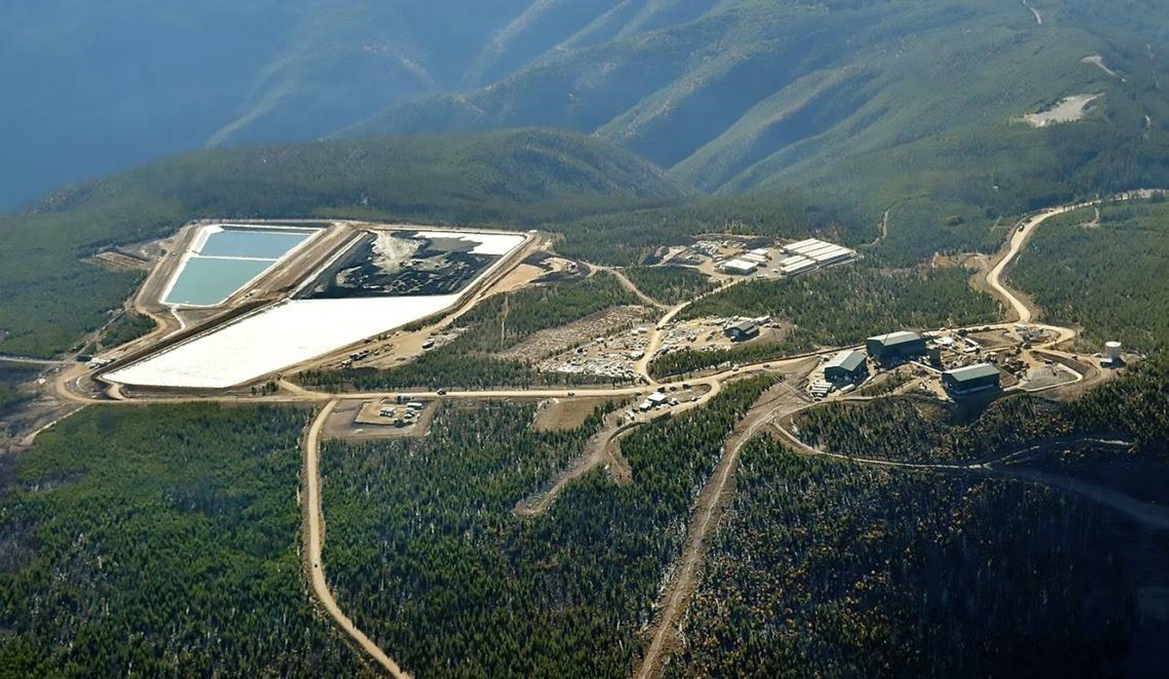 Roads at the Jervois site connect mine buildings, tailings ponds and the mine itself, unpictured and on the right.