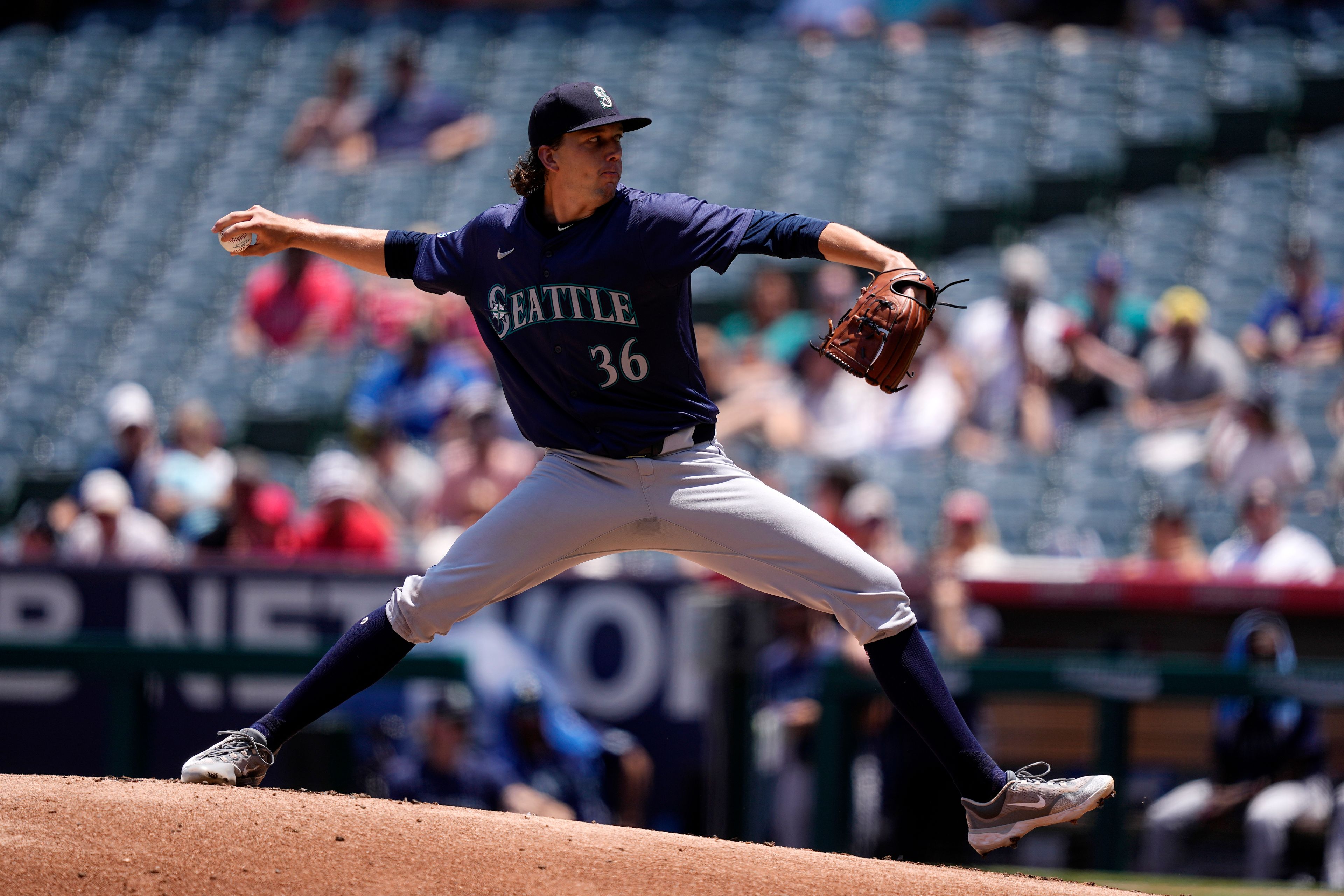 Seattle Mariners starting pitcher Logan Gilbert throws to the plate during the first inning of a baseball game against the Los Angeles Angels Sunday, July 14, 2024, in Anaheim, Calif. (AP Photo/Mark J. Terrill)