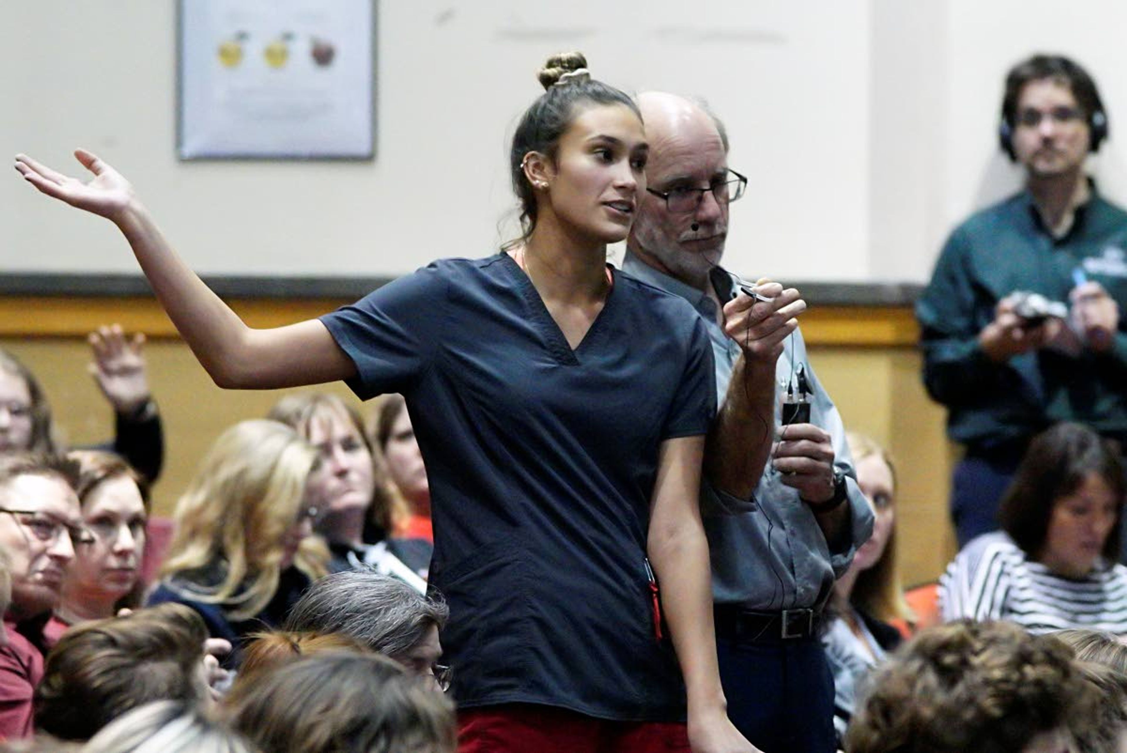 Moscow High School student Audrey Bales speaks during a Moscow School Board listening session Tuesday night regarding a new grading system in the district.