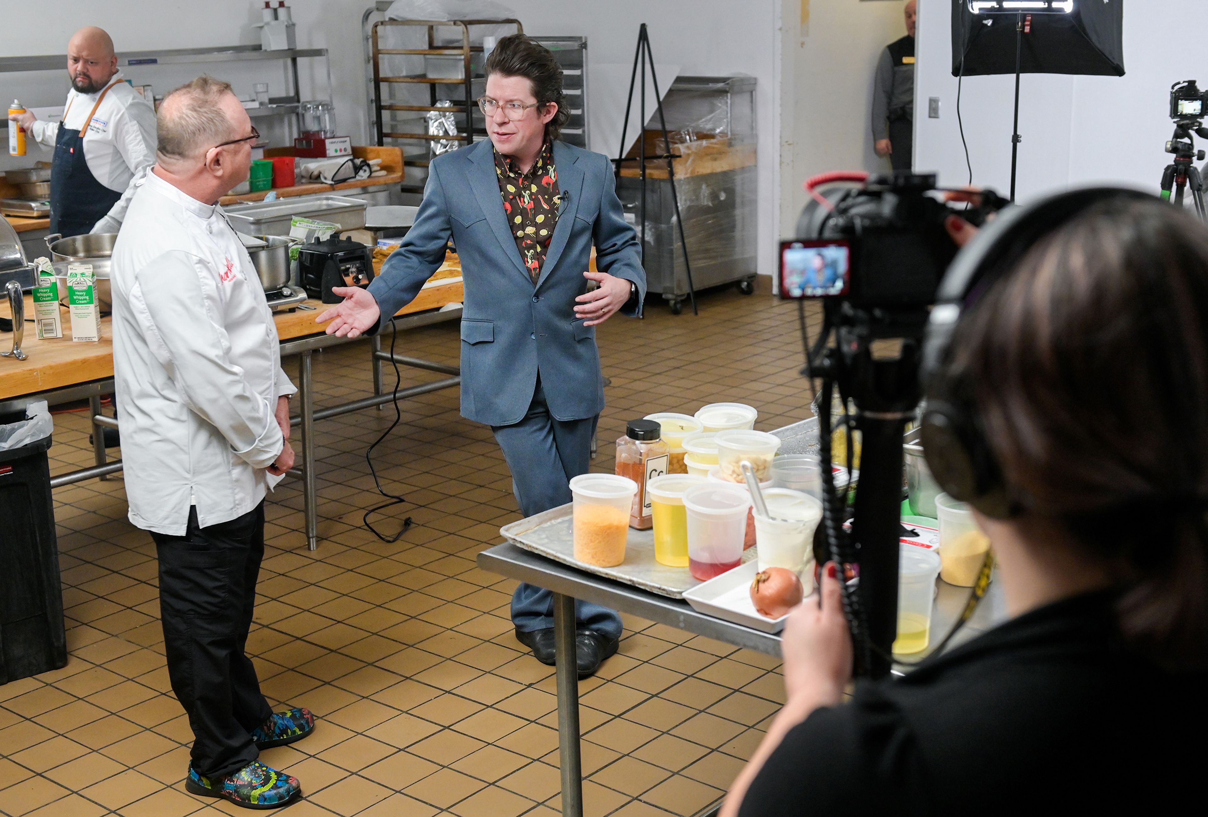 Chef Charles Kimball, left, interviews Chef Justin Warner on camera during the Battle of the Chefs, a competition between university executive chefs in Idaho, at The Eatery on the University of Idaho’s campus in Moscow.