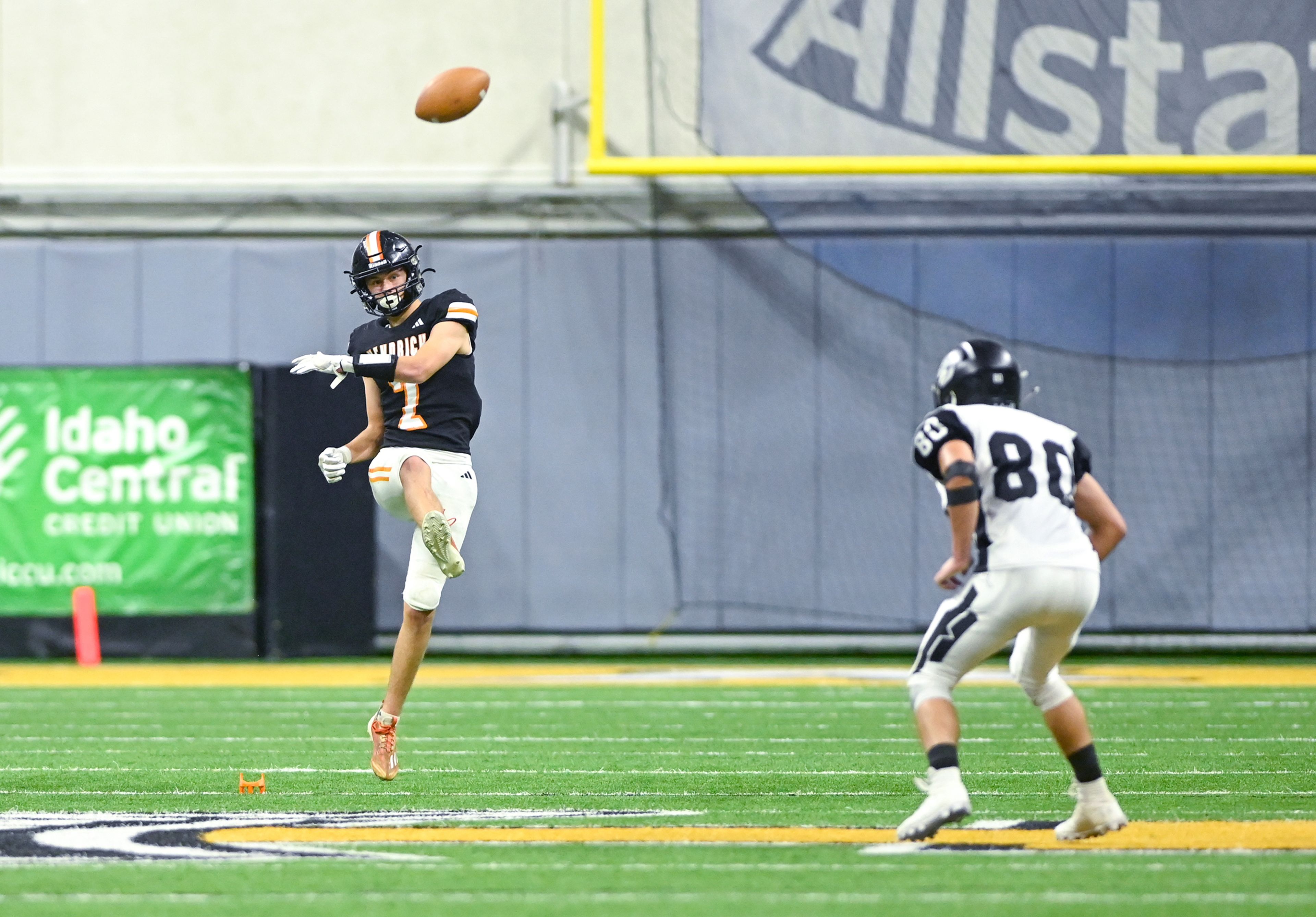 Kendrick’s Ralli Roetcisoender kicks the ball for a kickoff against Butte County Friday during the Idaho 2A football state championship game at the P1FCU Kibbie Dome in Moscow.