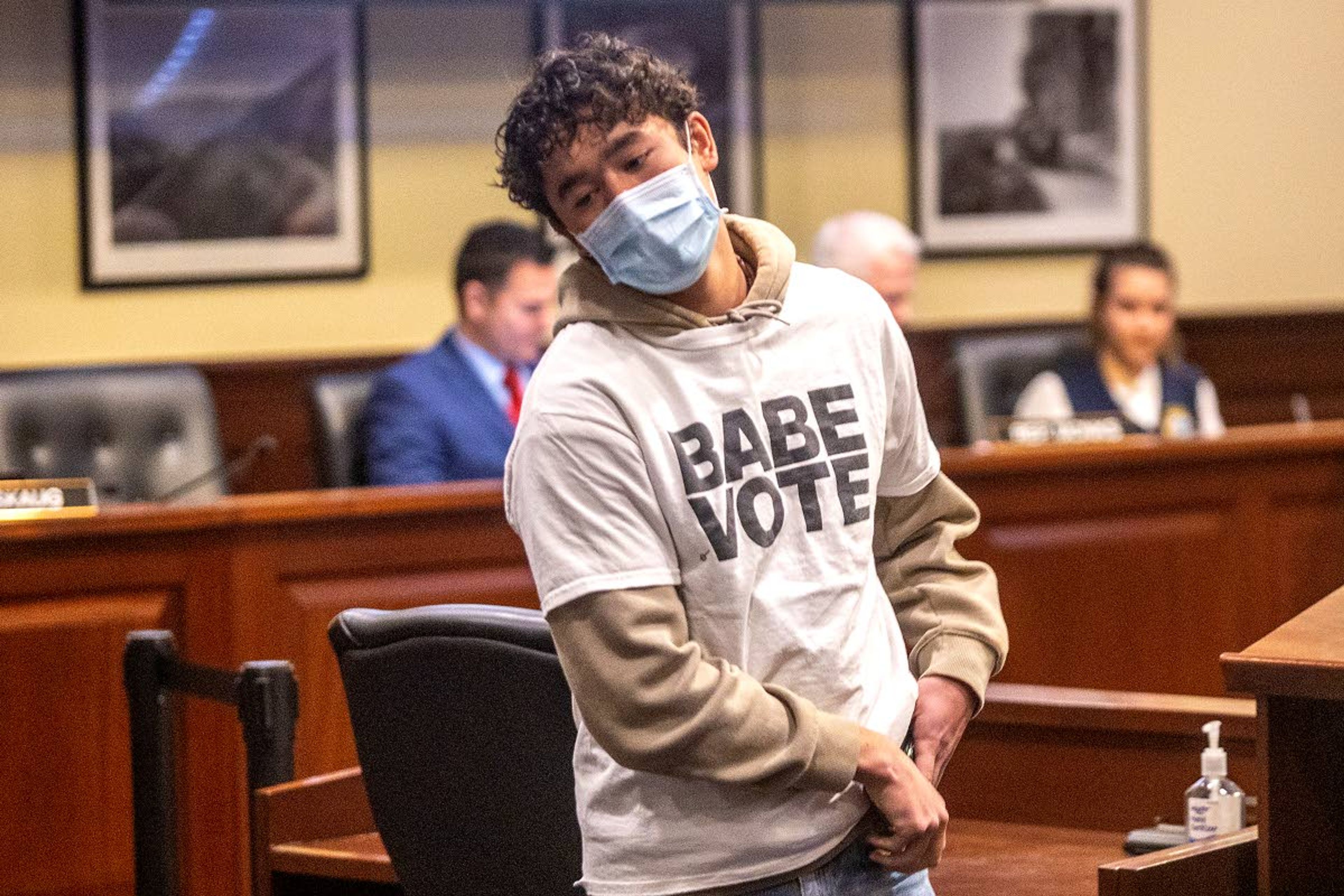 August Frank/Daiy NewsA teenager turns back after making public comments in opposition to a bill from Priscilla Giddings, R-White Bird, that would ban ballot drop boxes Wednesday at the Idaho State Capitol in Boise.