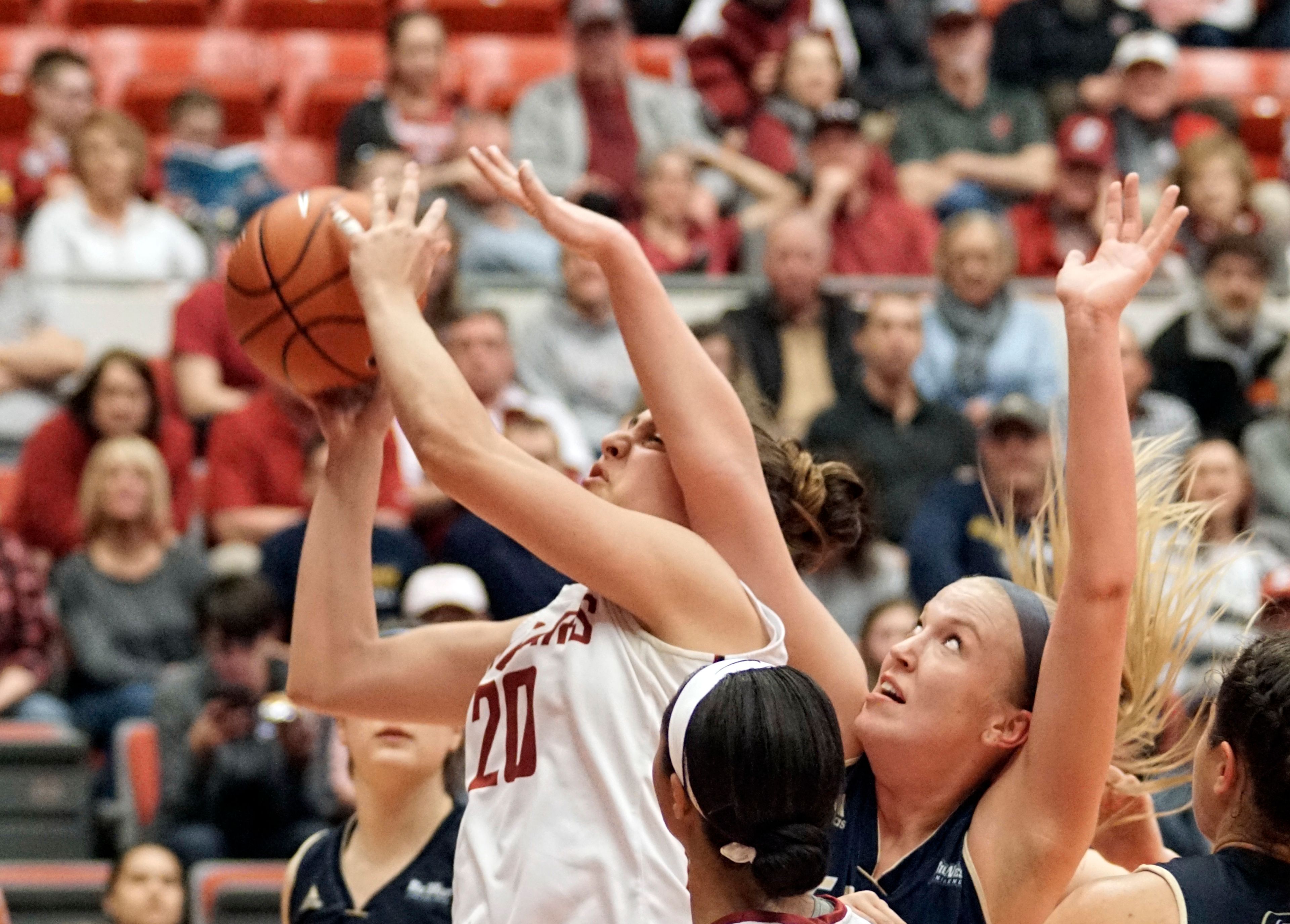 Washington State's Maria Kostourkova (20) is fouled by UC Davis center Marly Anderson in the first half of a third round game of the WNIT at Beasely Coliseum Thursday night.