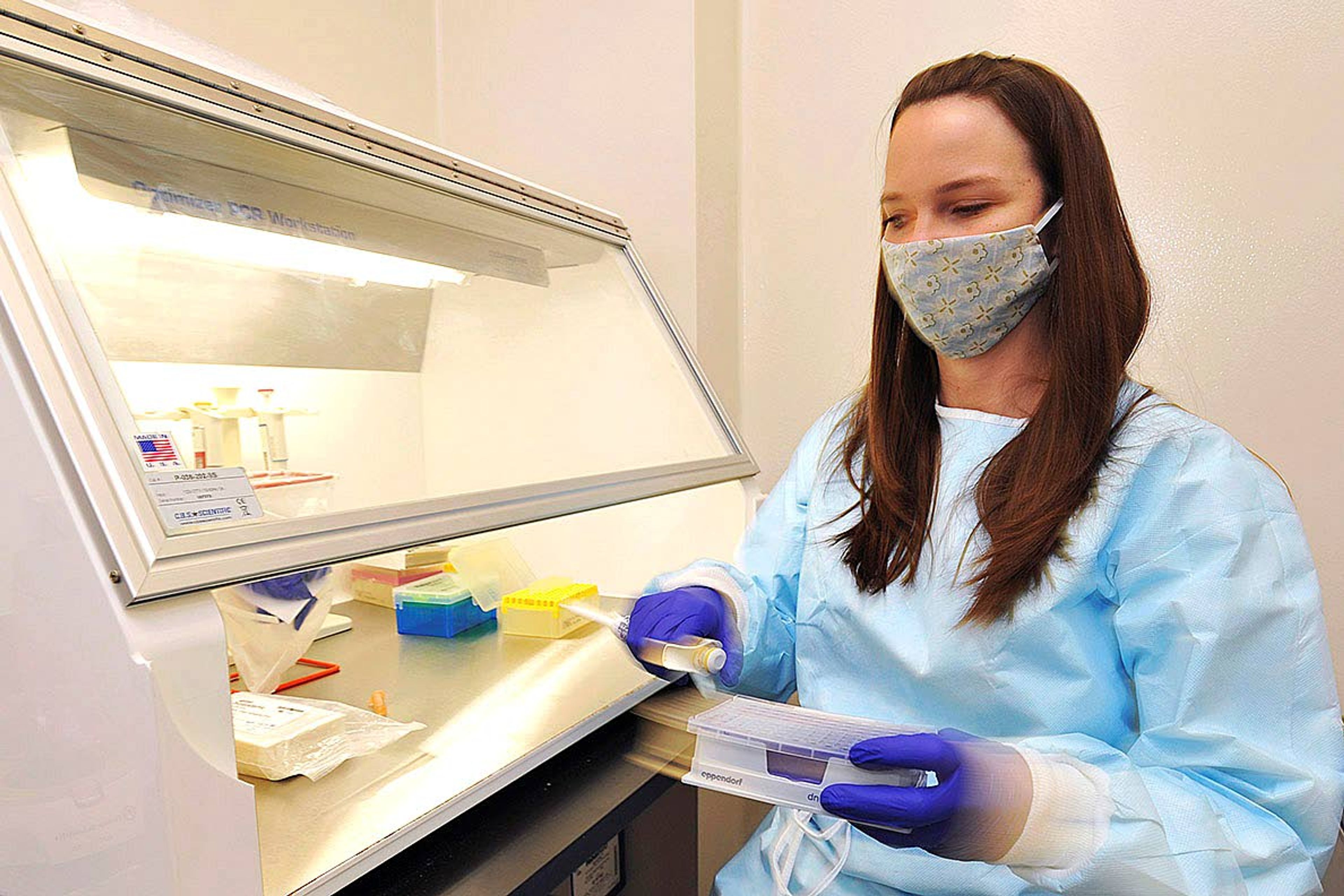 Microbiologist Becca Wolking tests genetic material extracted from a sample for SARS-Cov-2 testing Friday at the Washington Animal Disease Diagnostic Laboratory at Washington State University in Pullman.