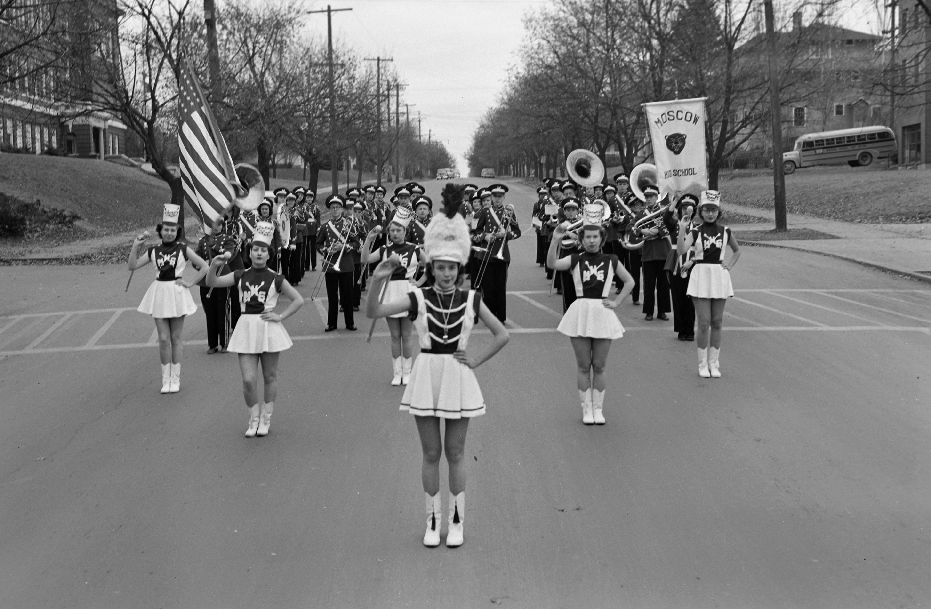 The Moscow High School marching band is pictured circa 1948-52.