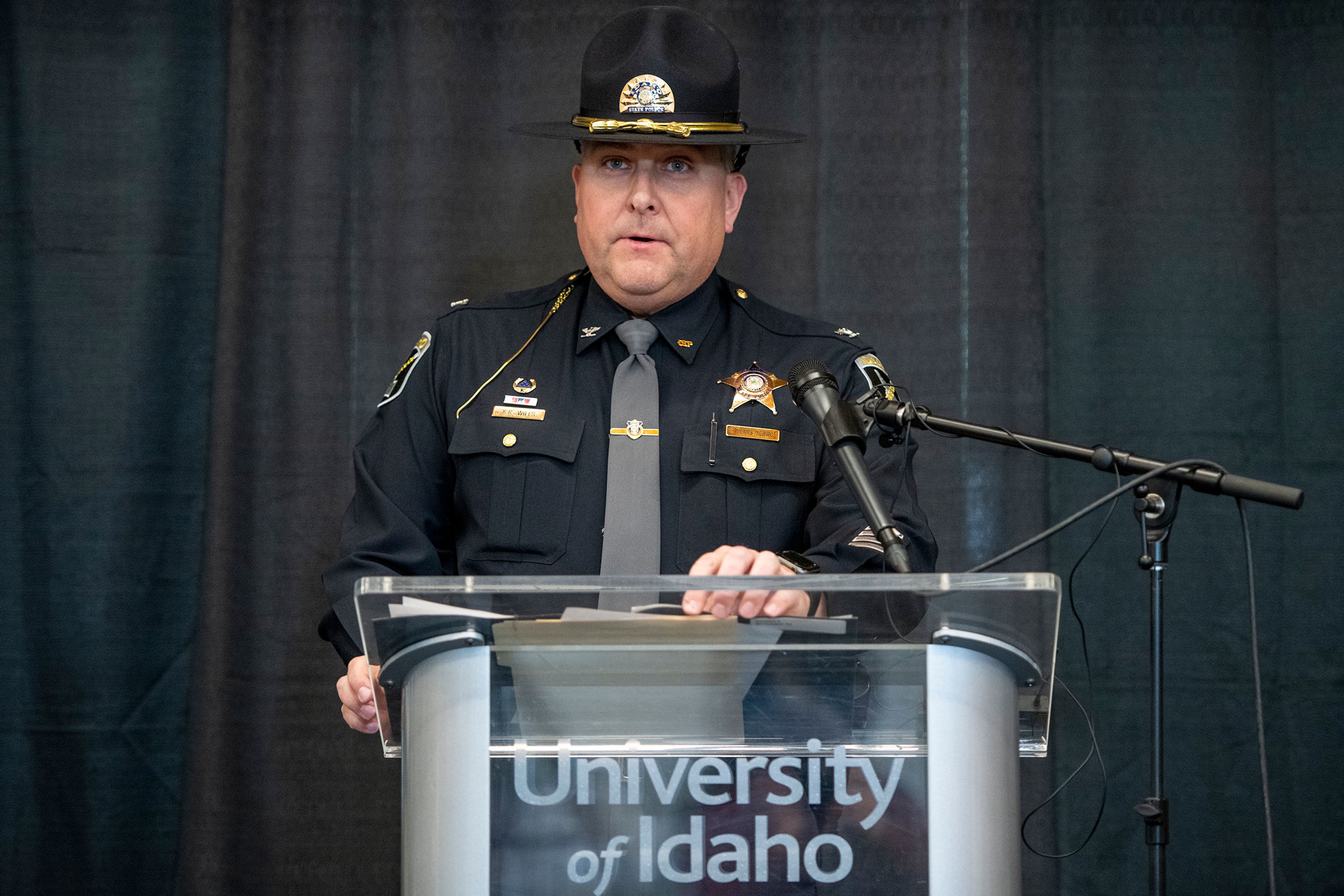 Idaho State Police Col. Kedrick Wills speaks at a press conference about a quadruple homicide investigation involving four University of Idaho students at the Idaho Central Credit Union Arena on Wednesday in Moscow.