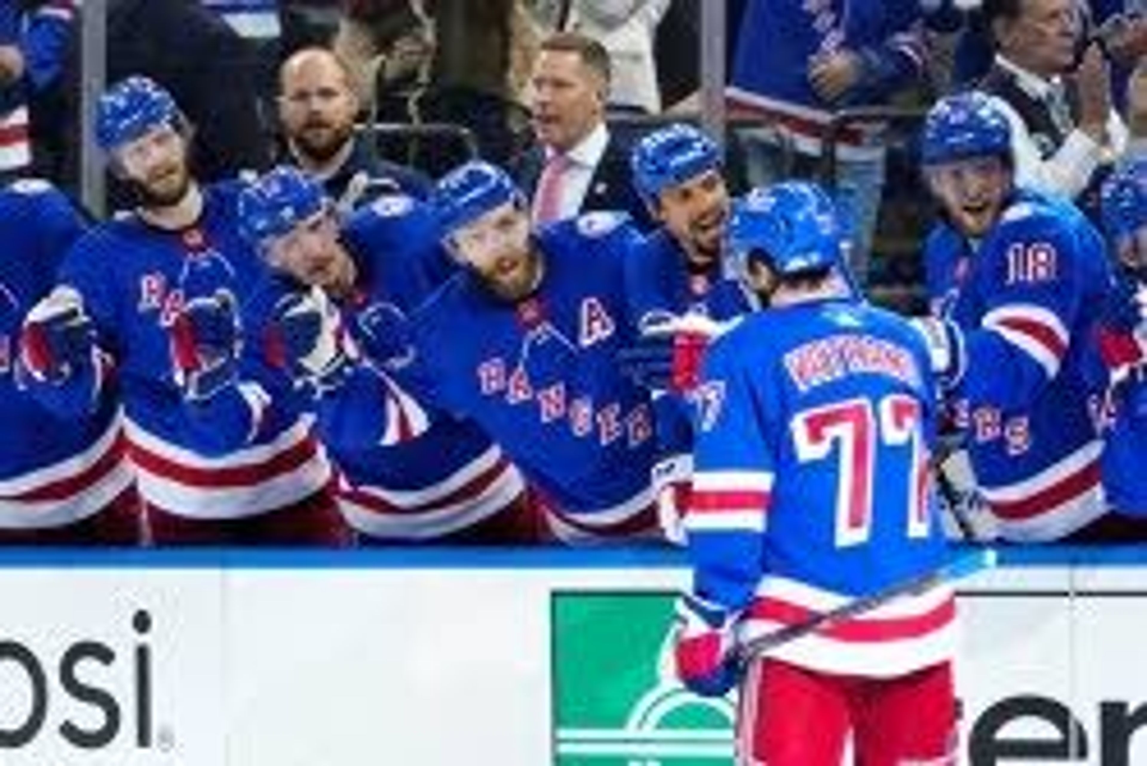 New York Rangers' Frank Vatrano (77) is congratulated for his goal against the Tampa Bay Lightning during the second period of Game 1 of the NHL hockey Stanley Cup playoffs Eastern Conference finals Wednesday, June 1, 2022, in New York. (AP Photo/Frank Franklin II)