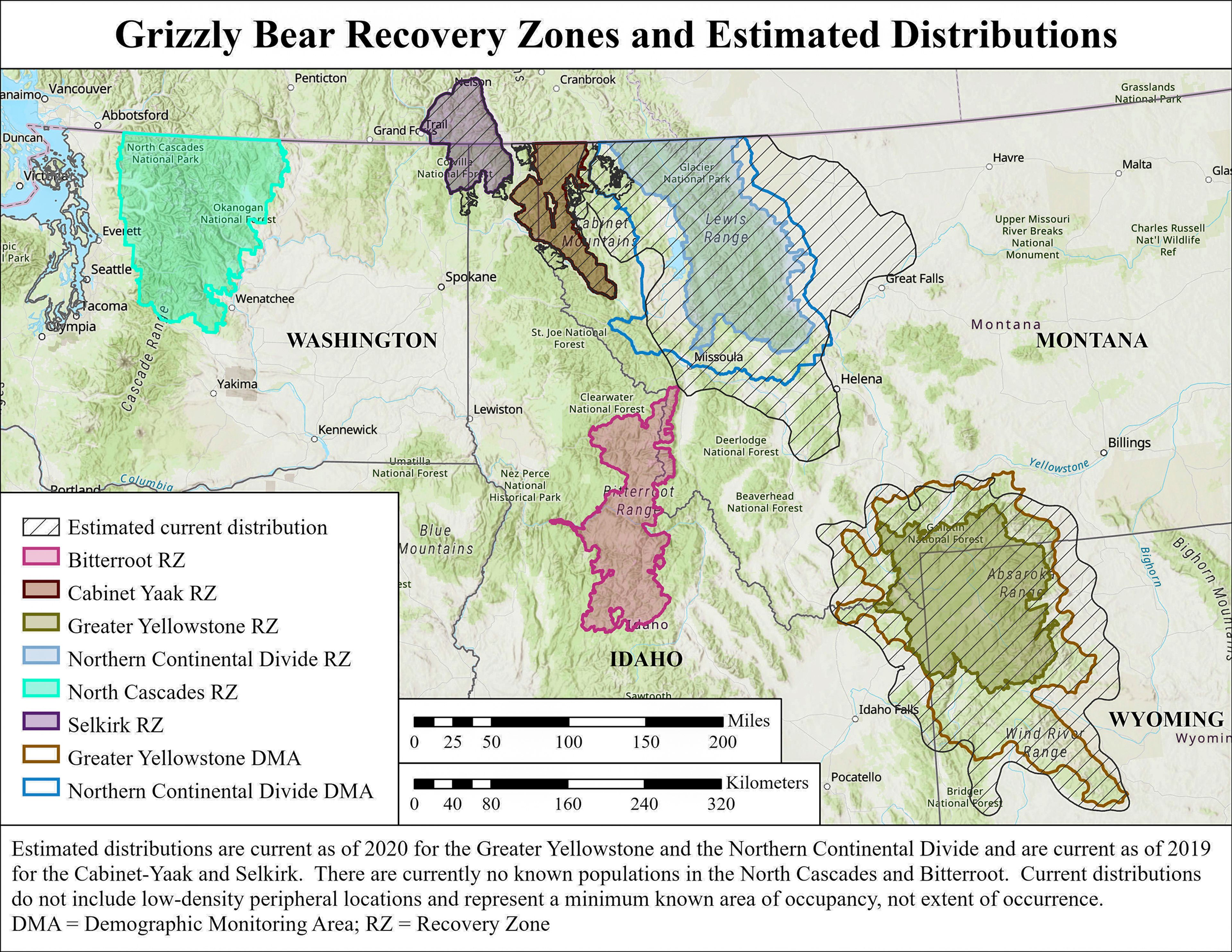 This map provided by the U.S. Fish and Wildlife Service shows the areas in Idaho where grizzlies bears are known to reside.