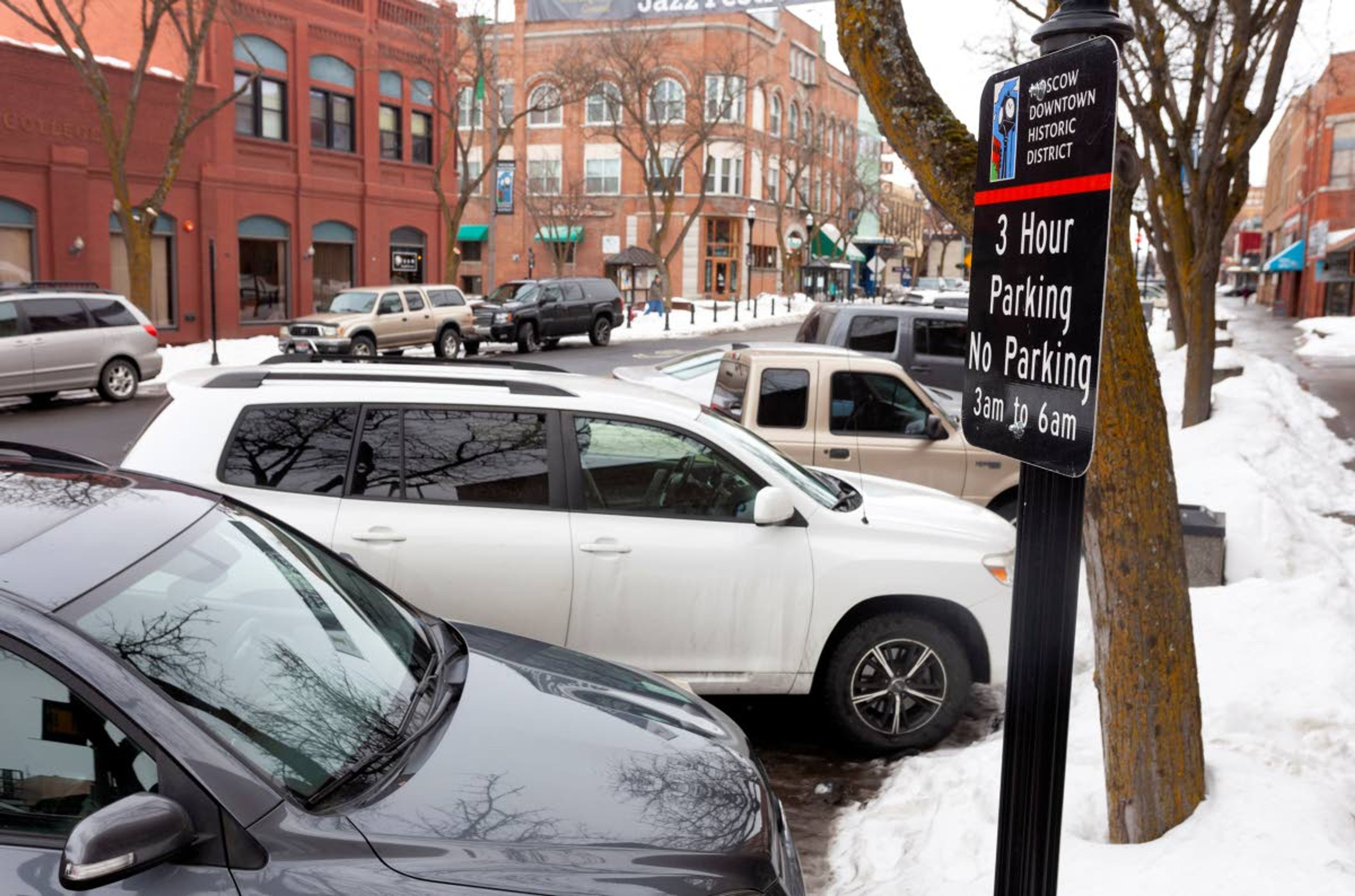 Cars are parked in a three-hour parking zone March 6 on south Main Street in Moscow.