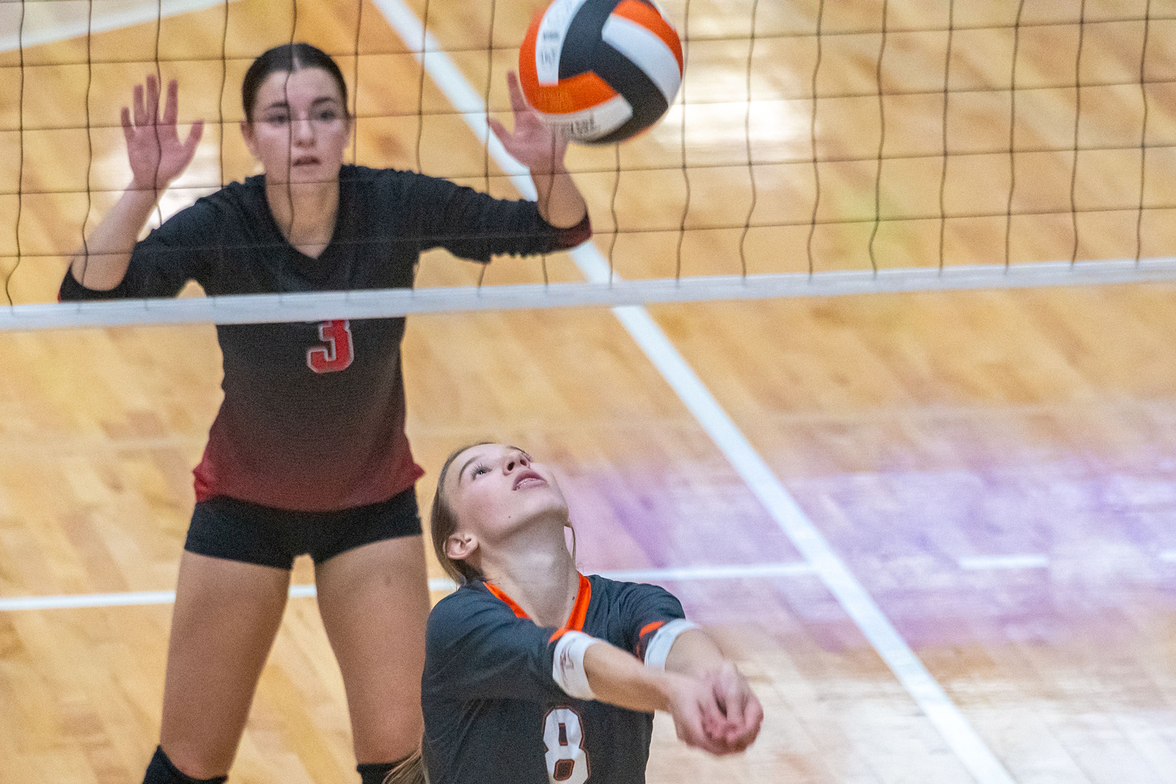 Kendrick right side Hali Anderson volleys back to Deary during the Idaho Class 1A Division II district volleyball tournament final at the P1FCU Activity Center in Lewiston on Thursday.