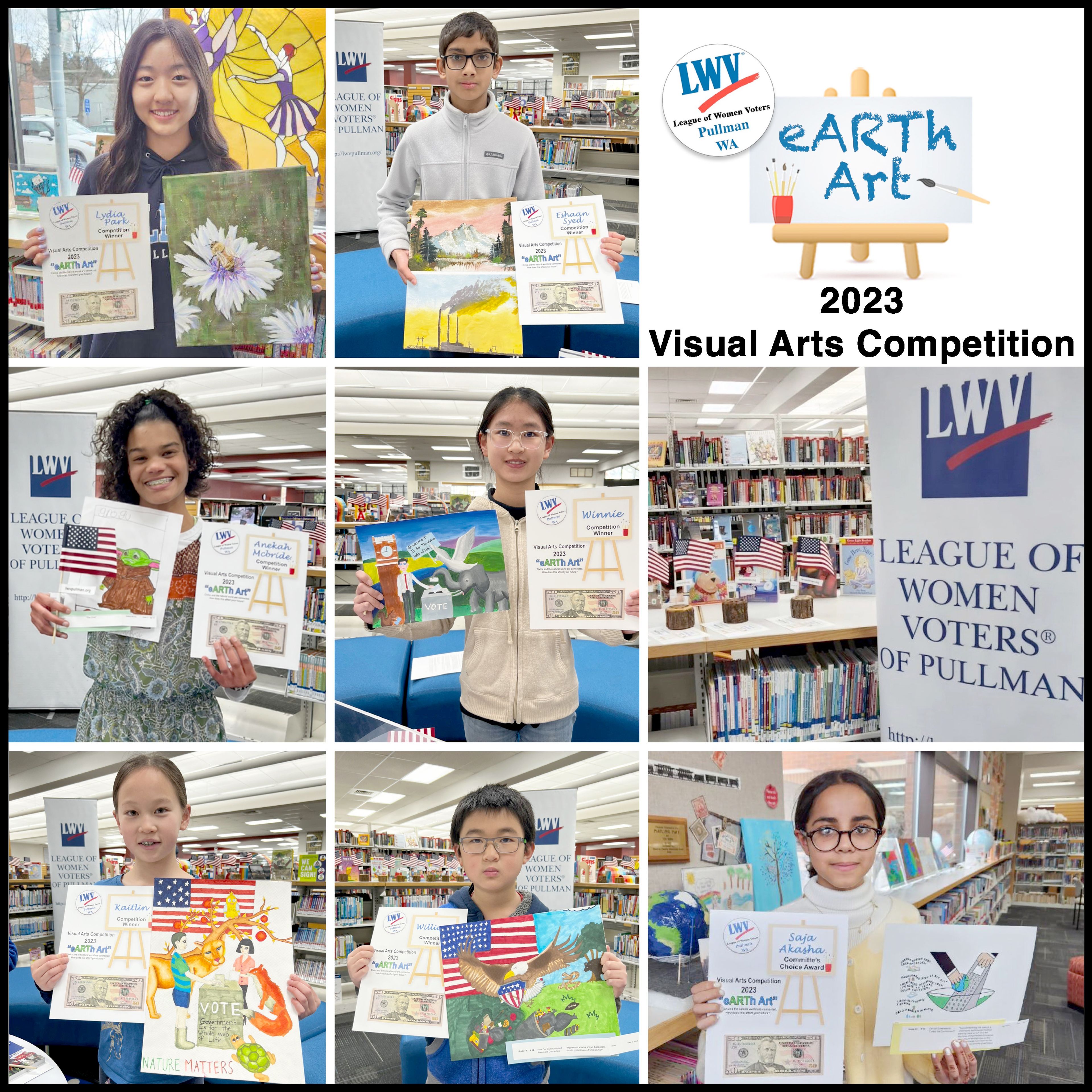 The League of Women Voters of Pullman/Whitman County recently announced the winners of its second annual Visual Arts Competition. The theme of the competition was "eARTh Art: Civics and the natural world are related. How does this affect your future?" The winners (with names provided) were, left to right from top left, Lydia Park (11th grade), Eshann Syed (sixth grade), Anekah McBride (ninth grade), Winne (sixth grade), Kaitlin (fourth grade), William (third grade), and Saja Akasha (seventh grade).