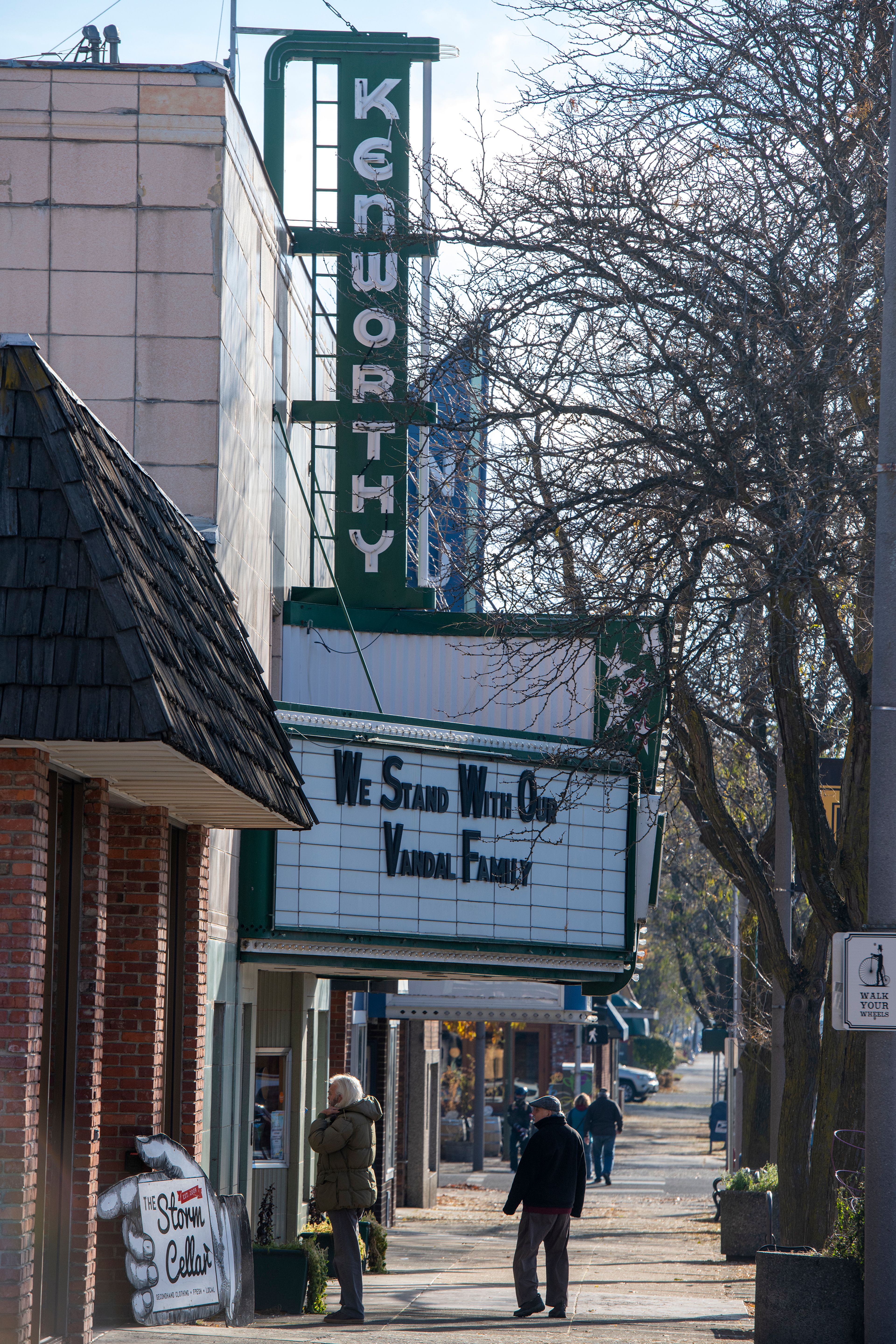 The Kenworthy Theater offers community support by changing their marquee board to read, “We Stand With Our Vandal Family,” in Moscow on Tuesday.