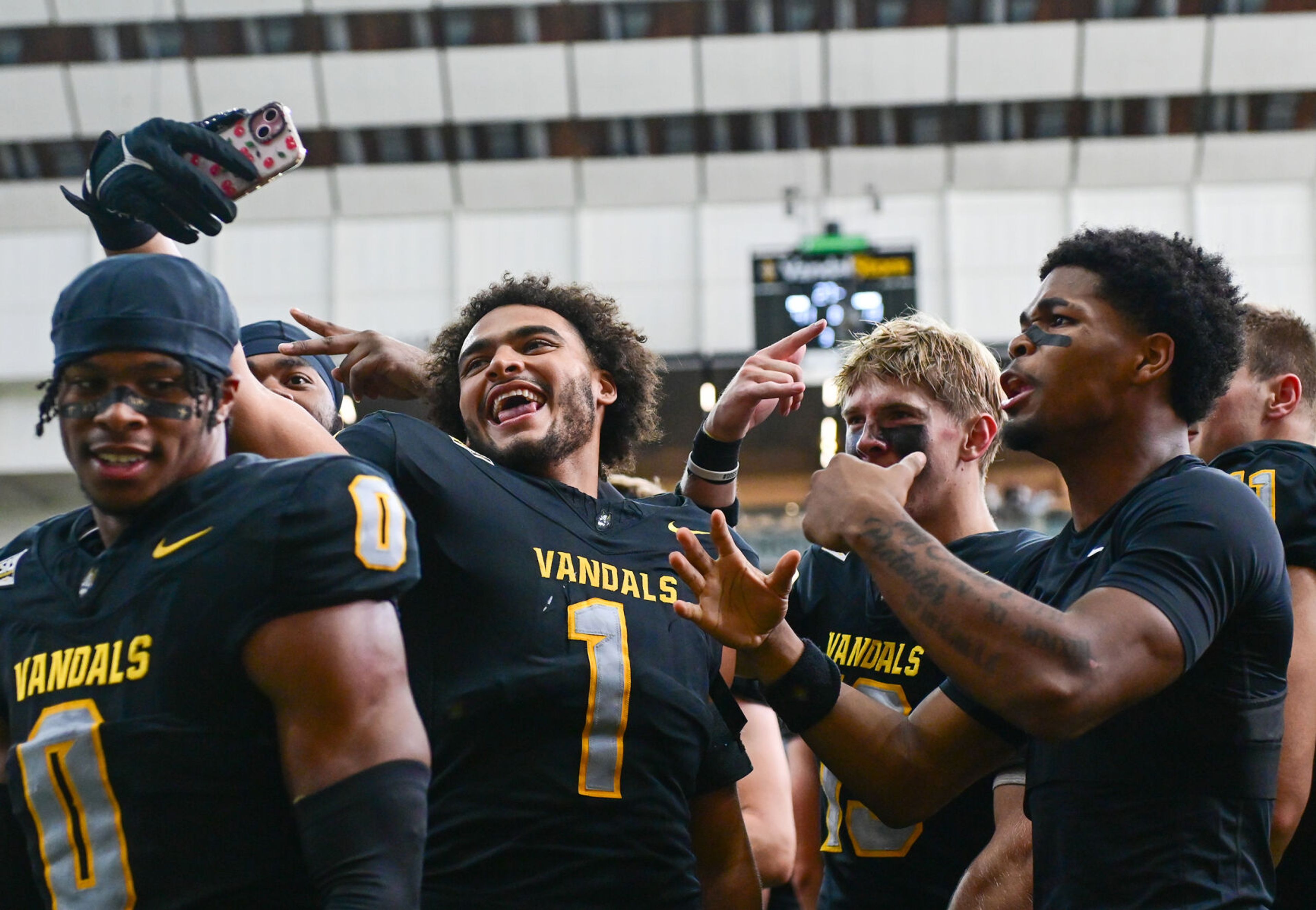 Idaho Vandals record themselves celebrating their win over the Albany Great Danes Saturday at the P1FCU Kibbie Dome in Moscow.