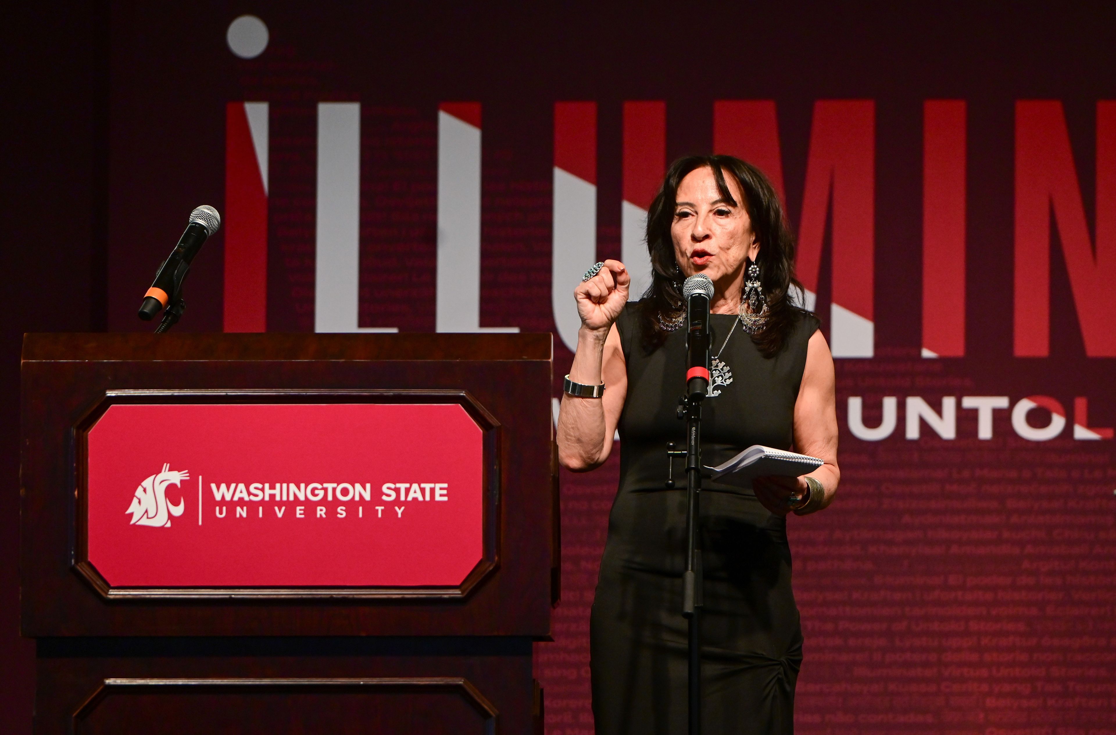 Maria Hinojosa delivers a keynote as the recipient of the Murrow Lifetime Achievement Award in Journalism during the Murrow Symposium at Washington State University’s campus in Pullman on Wednesday.