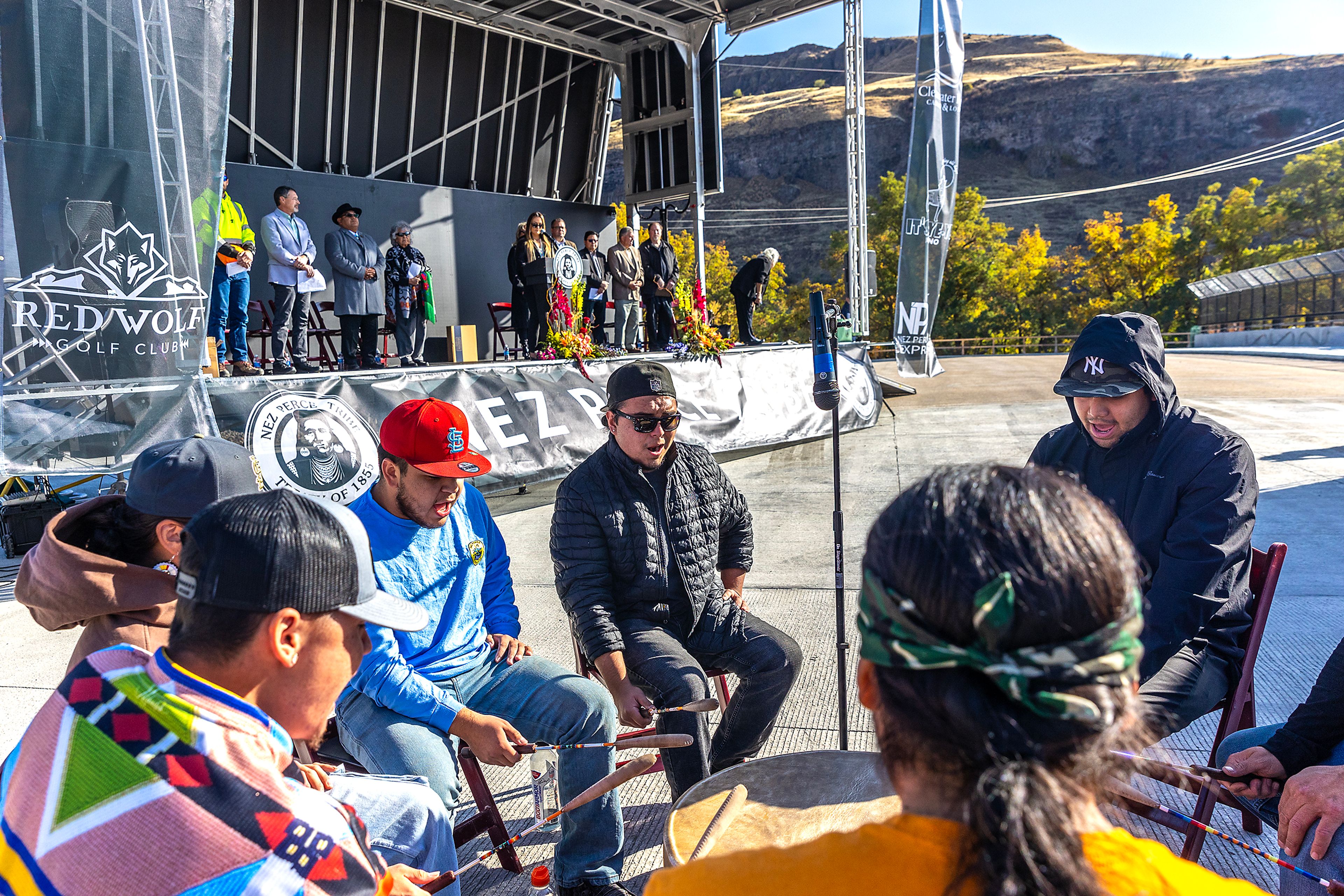 Lightning Creek Drummers play Thursday during the ribbon cutting ceremony for the Aht�Wy Interchange over U.S. Highway 95/12 in Lewiston.