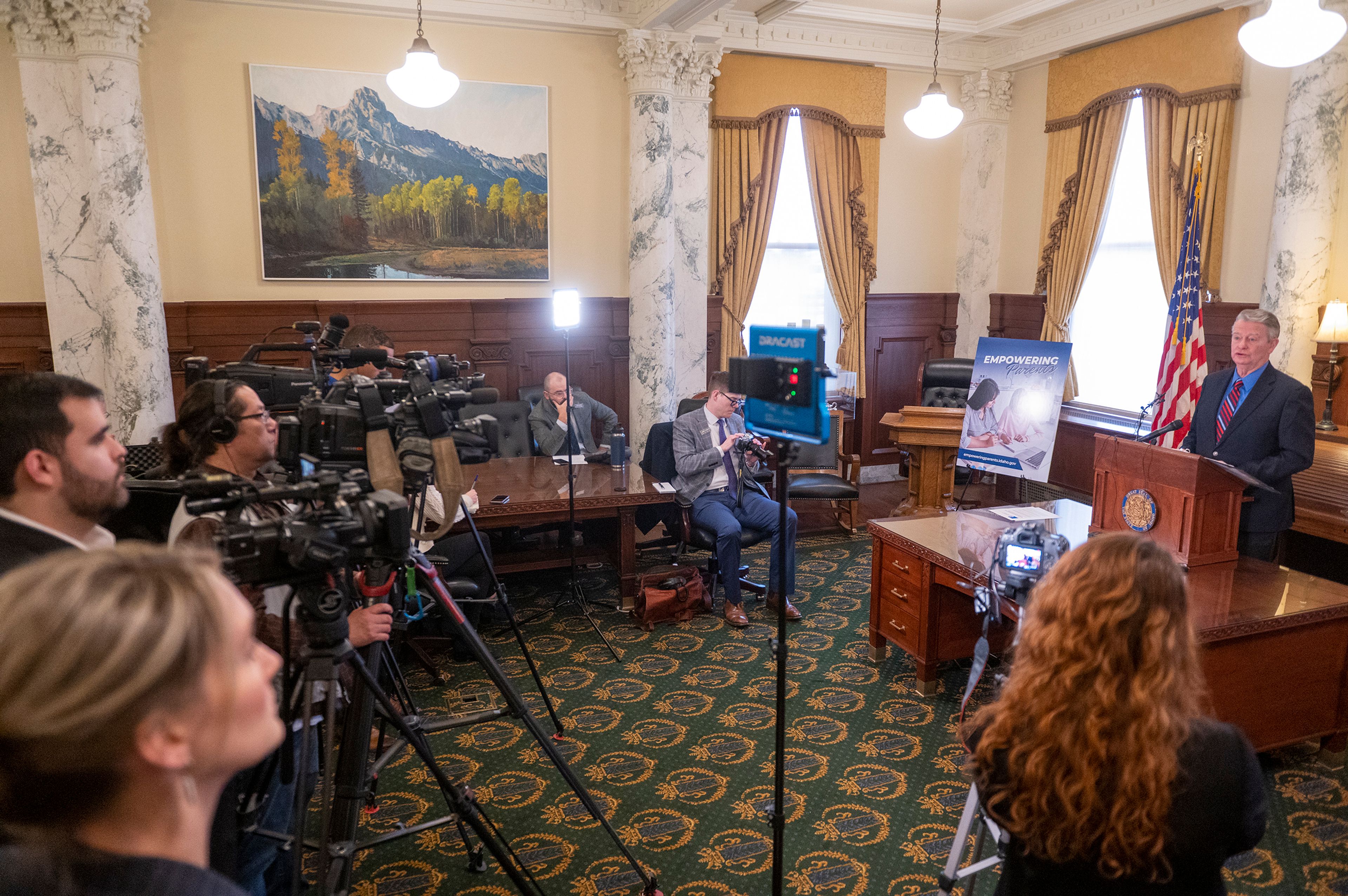 Idaho Governor Brad Little announces the establishment of the new Parent Advisory Council for the Empowering Parents grant program Monday during a press conference in his office at the Capitol Building in Boise. Any parent living in Idaho with a school-aged child in Idaho can apply for membership on the council.