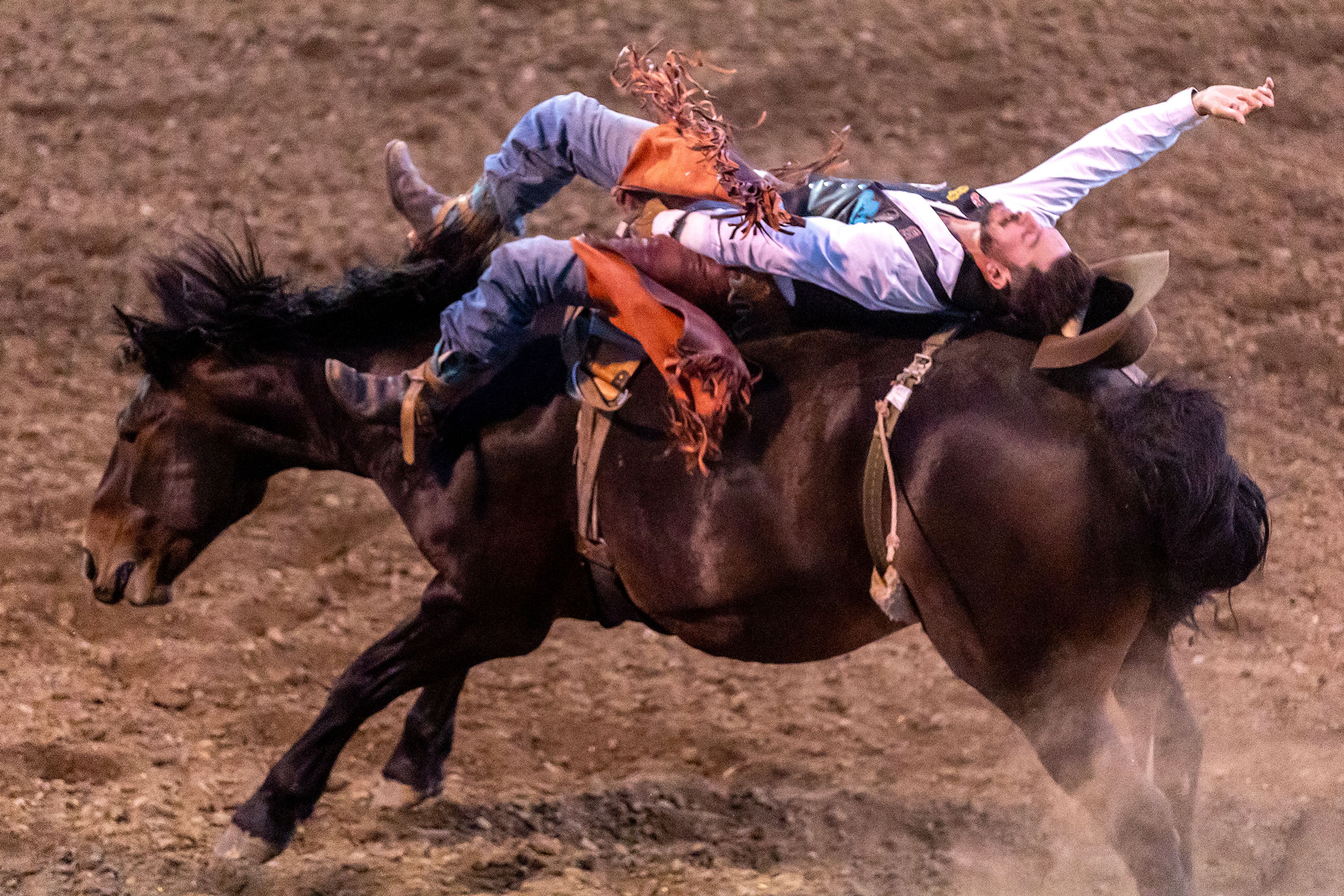 Dylan Riggins rides Nubbins in the bareback competition on night 3 Friday at the Lewiston Roundup.