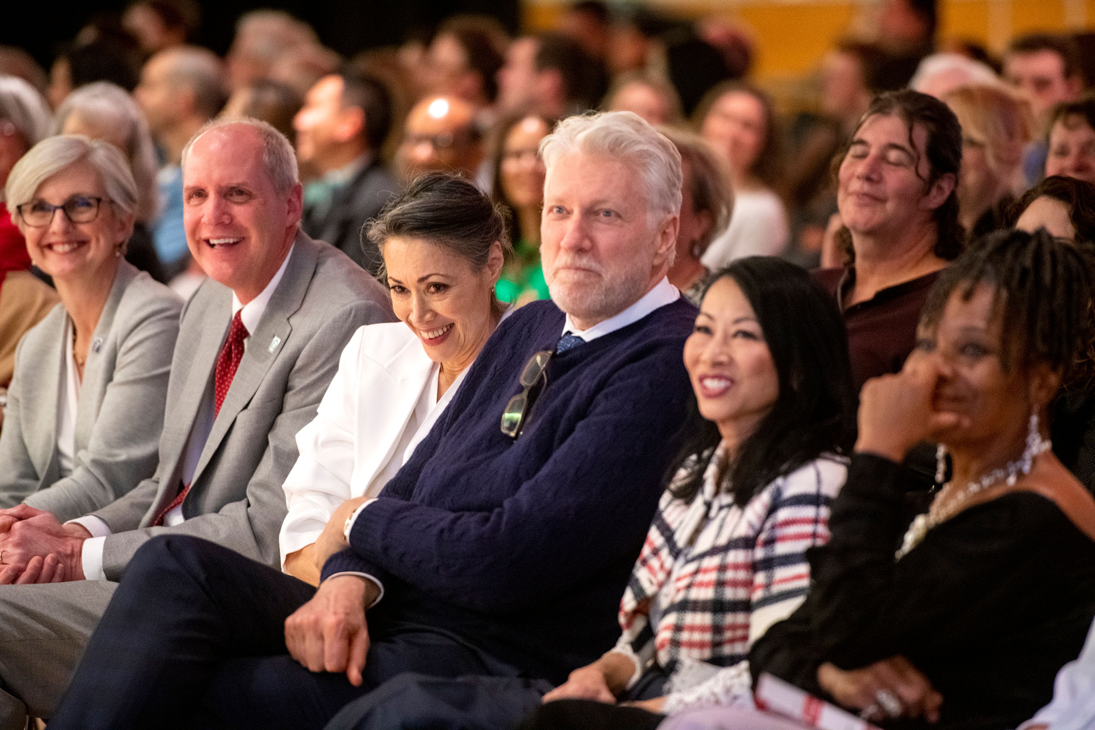 Journalist Ann Curry laughs as she watches her tribute video Tuesday at the 46th annual Murrow Symposium at Washington State University’s Compton Union Building in Pullman.