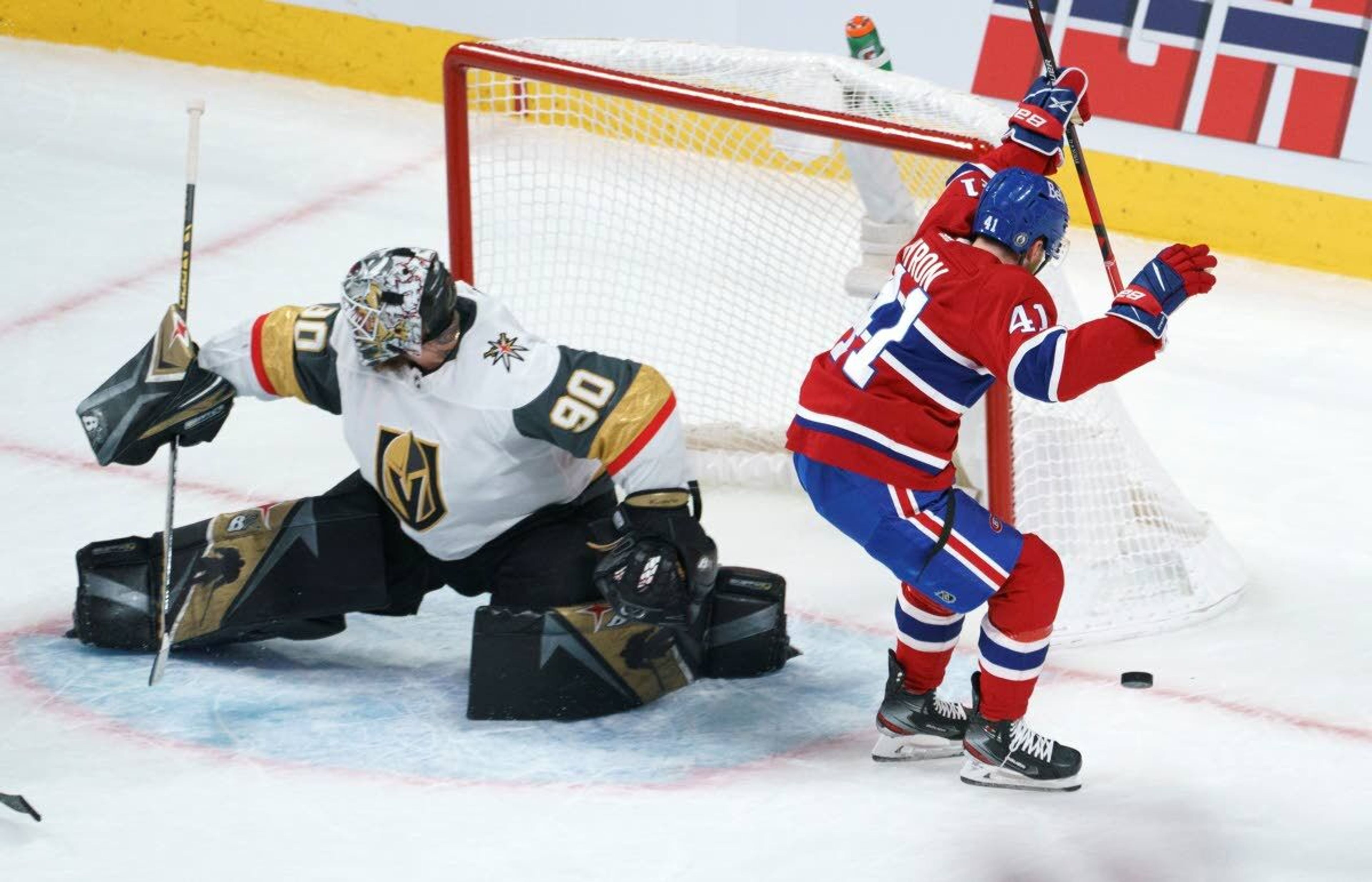 Montreal Canadiens' Paul Byron celebrates his goal as Vegas Golden Knights goaltender Robin Lehner looks on during the second period of Game 4 in an NHL Stanley Cup playoff hockey semifinal in Montreal, Sunday, June 20, 2021.