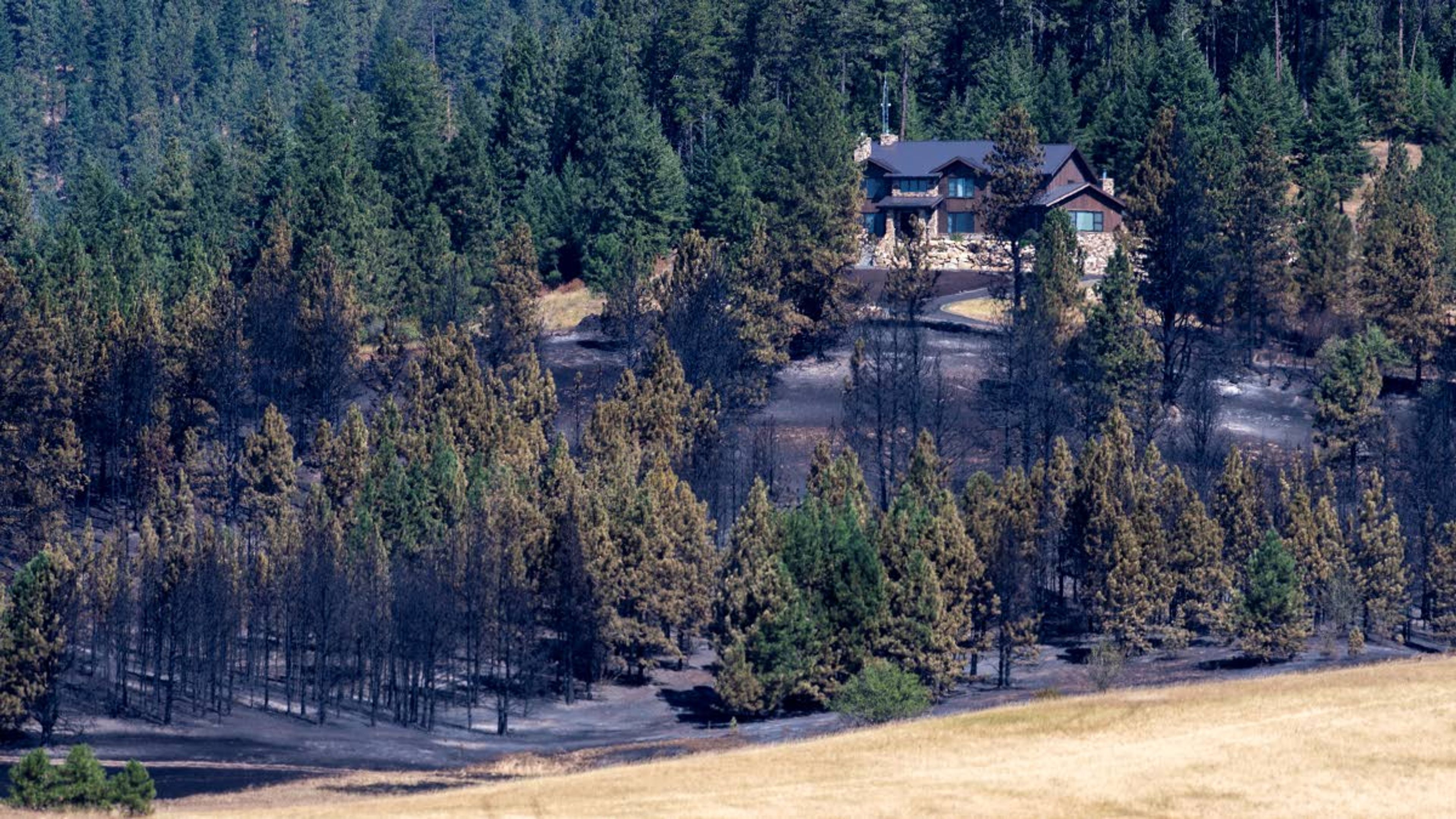 Zach Wilkinson/Daily NewsA Moscow Mountain home is surrounded by torched terrain Tuesday. Firefighters helped protect the property from a wildfire that started Monday afternoon.