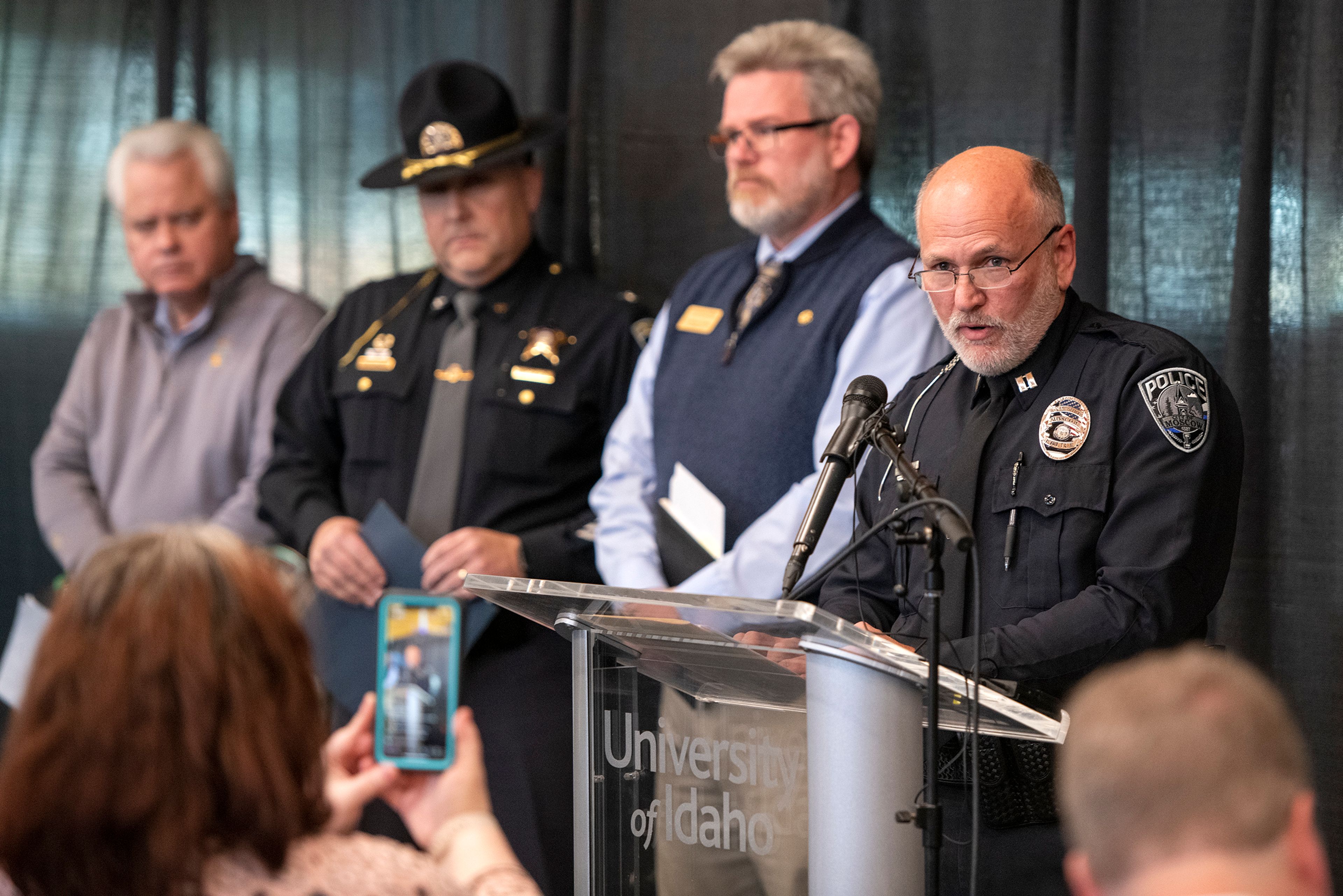 Moscow Police Captain Roger Lanier speaks at a press conference about a quadruple homicide investigation involving four University of Idaho students at the Idaho Central Credit Union Arena on Wednesday in Moscow.