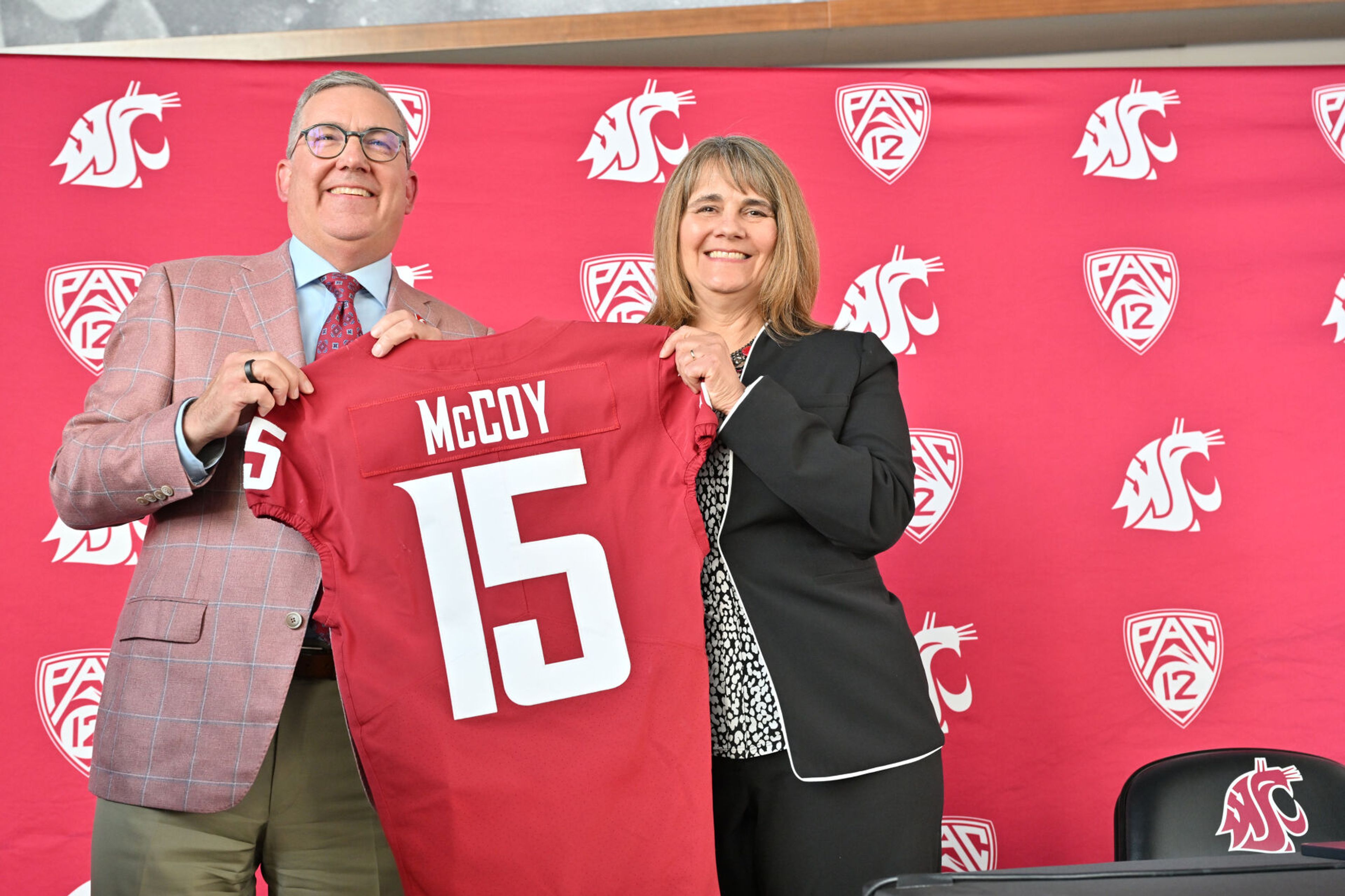 Washington State athletic director Anne McCoy, right, poses with WSU President Kirk Schulz during her introductory news conference on Tuesday, July 16, 2024 at Gesa Field in Pullman.