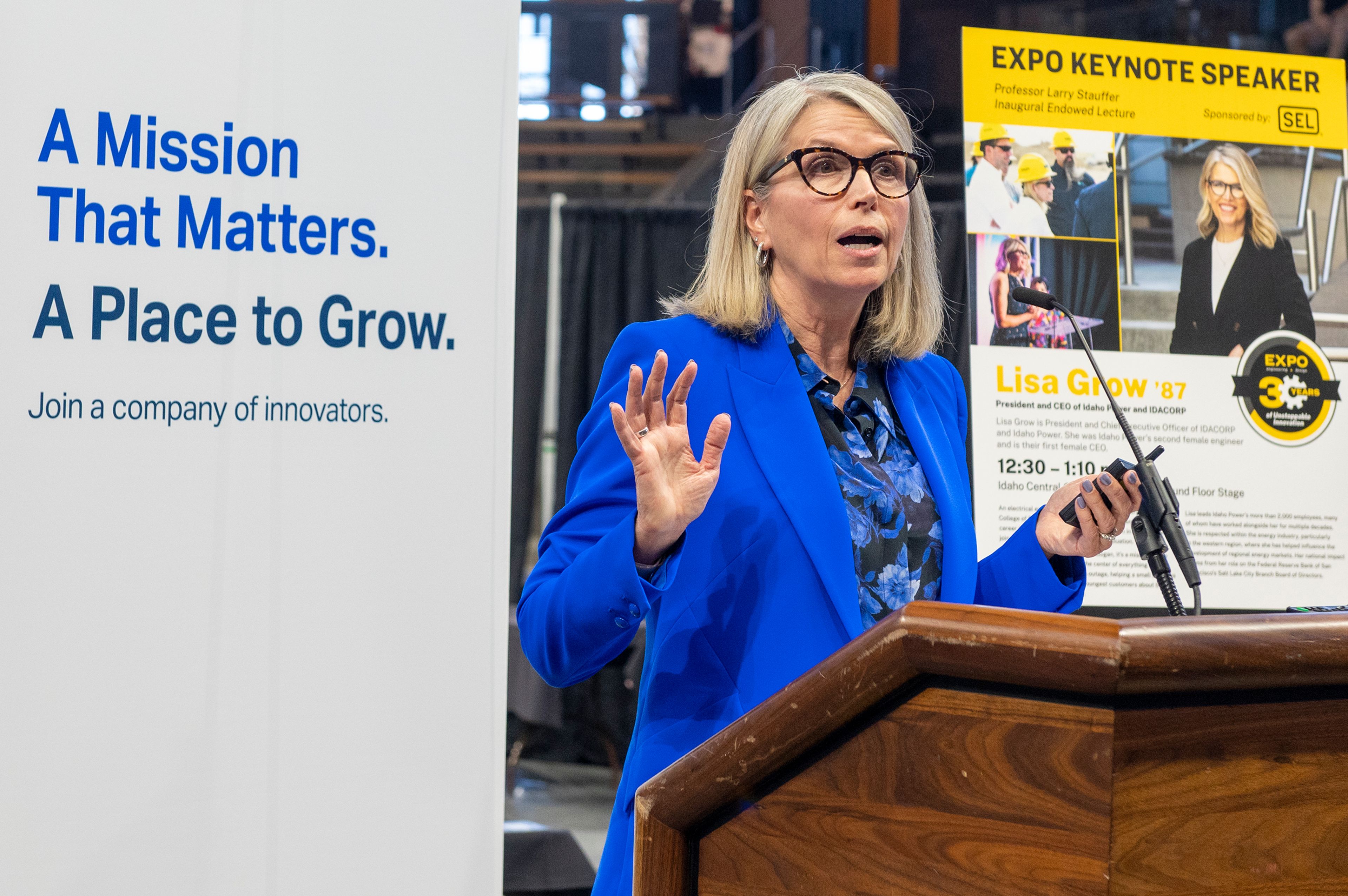 Lisa Grow, President and Chief Executive Officer of Idaho Power, speaks to an audience Friday during University of Idaho’s Engineering Design EXPO inside Idaho Central Credit Union Arena in Moscow.