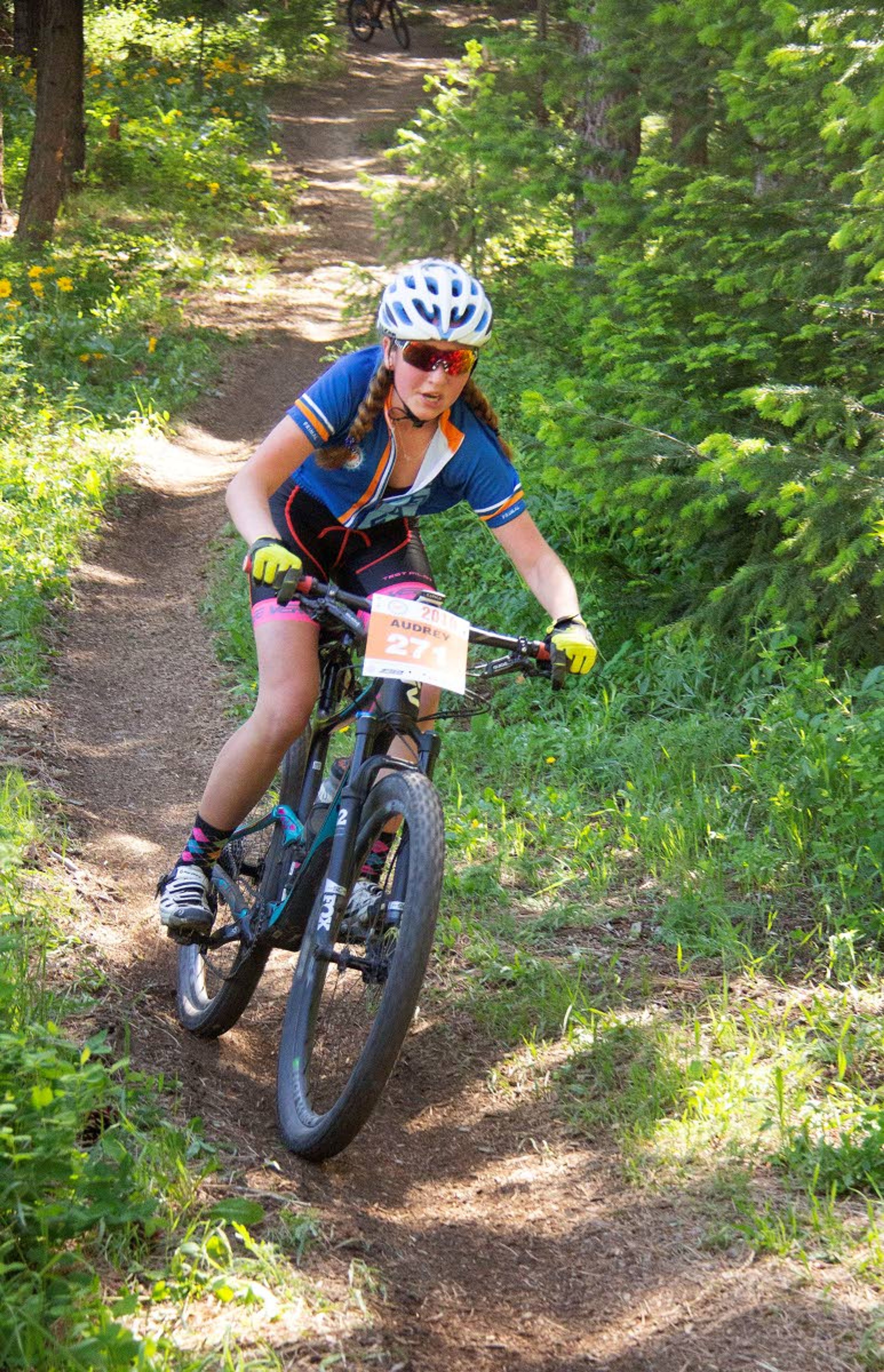 Audrey Pollard, of Moscow, rides in a Washington Student Cycling League race in May 2019 at Squilchuck State Park in Wenatchee, Wash. Pollard rides for a team in Spokane.