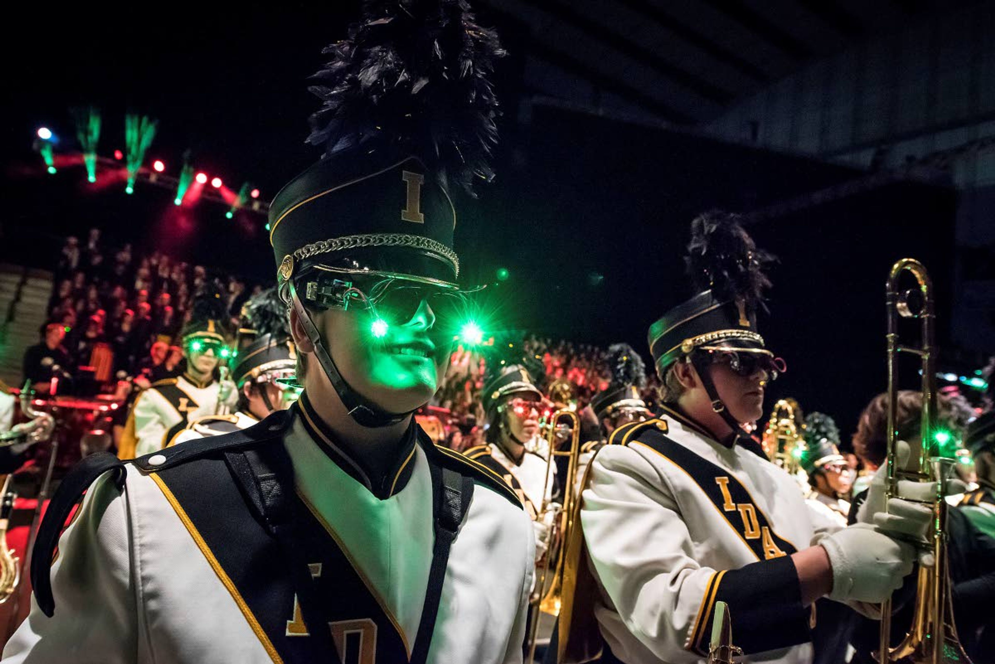 Innovation has been a hallmark of the University of Idaho Marching Band performances. In recent years, the band devised a remote-control drumset and grand piano that can be driven around the field and eyewear for each member outfitted with LED bulbs.