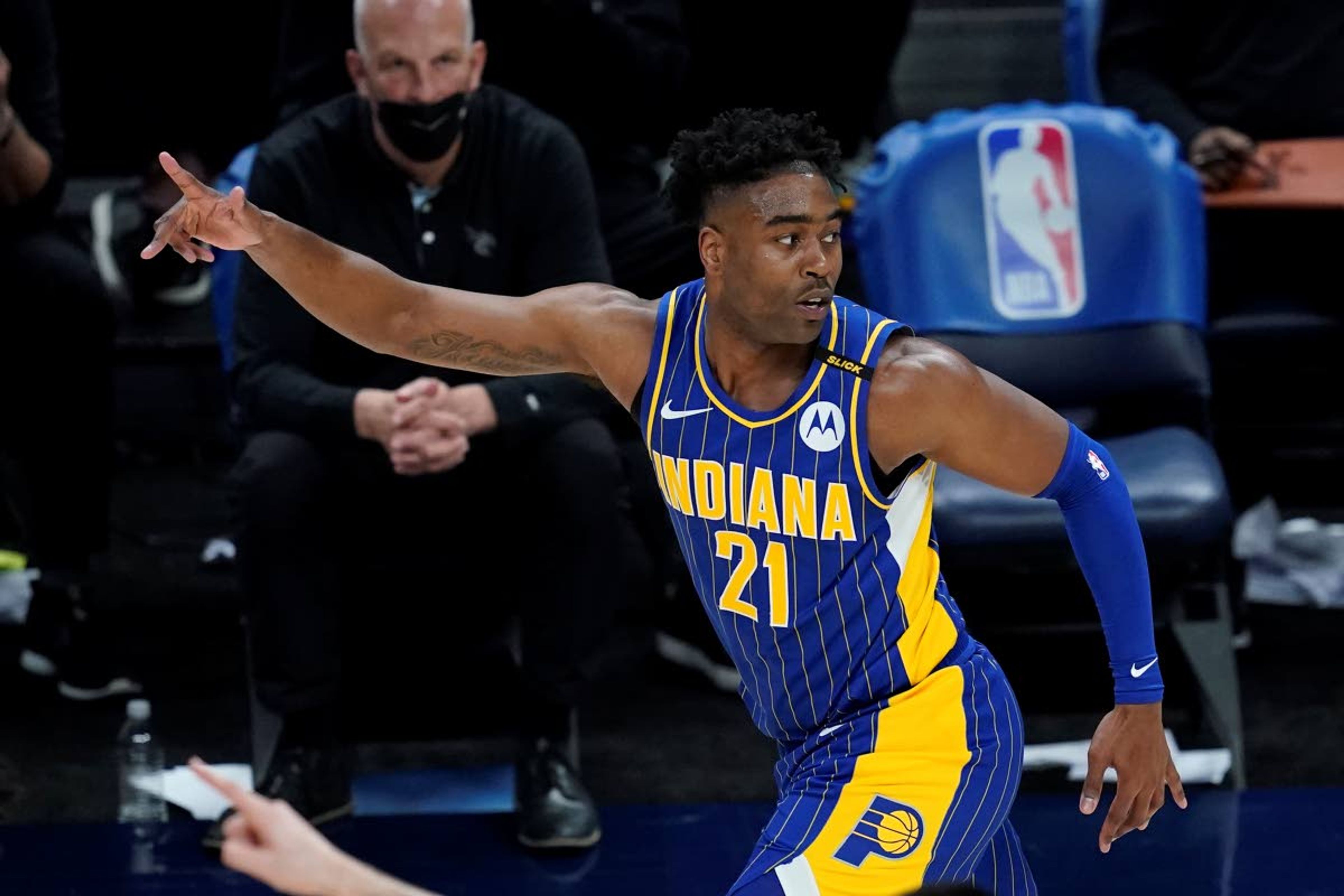 Indiana Pacers' Kelan Martin reacts after hitting a shot during the second half of the team's NBA basketball Eastern Conference play-in game against the Charlotte Hornets, Tuesday, May 18, 2021, in Indianapolis. Indiana won 144-117. (AP Photo/Darron Cummings)