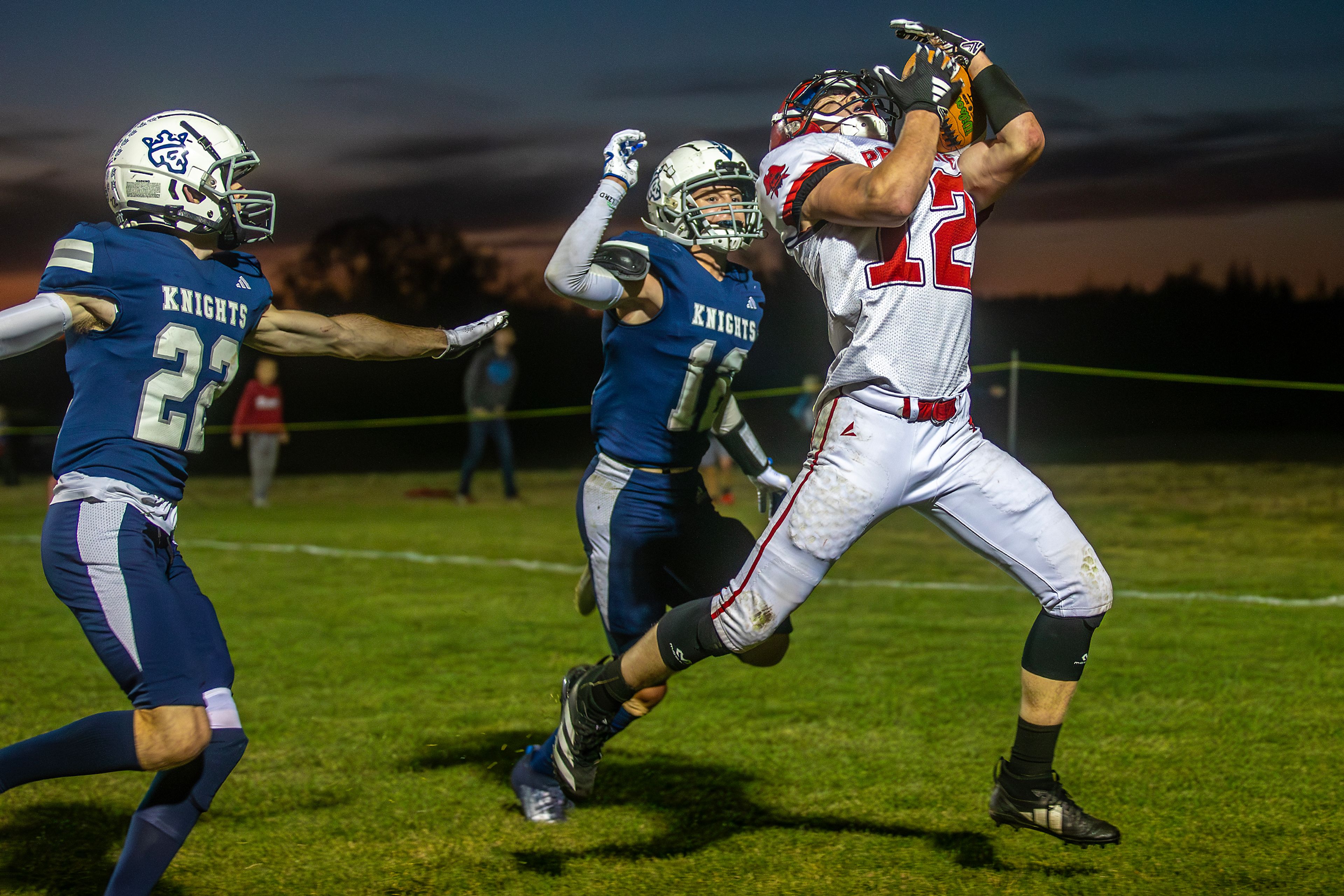 Prairie Matt Wemhoff pulls down a pass for a touchdown against Logos during a conference game Friday in Moscow.,