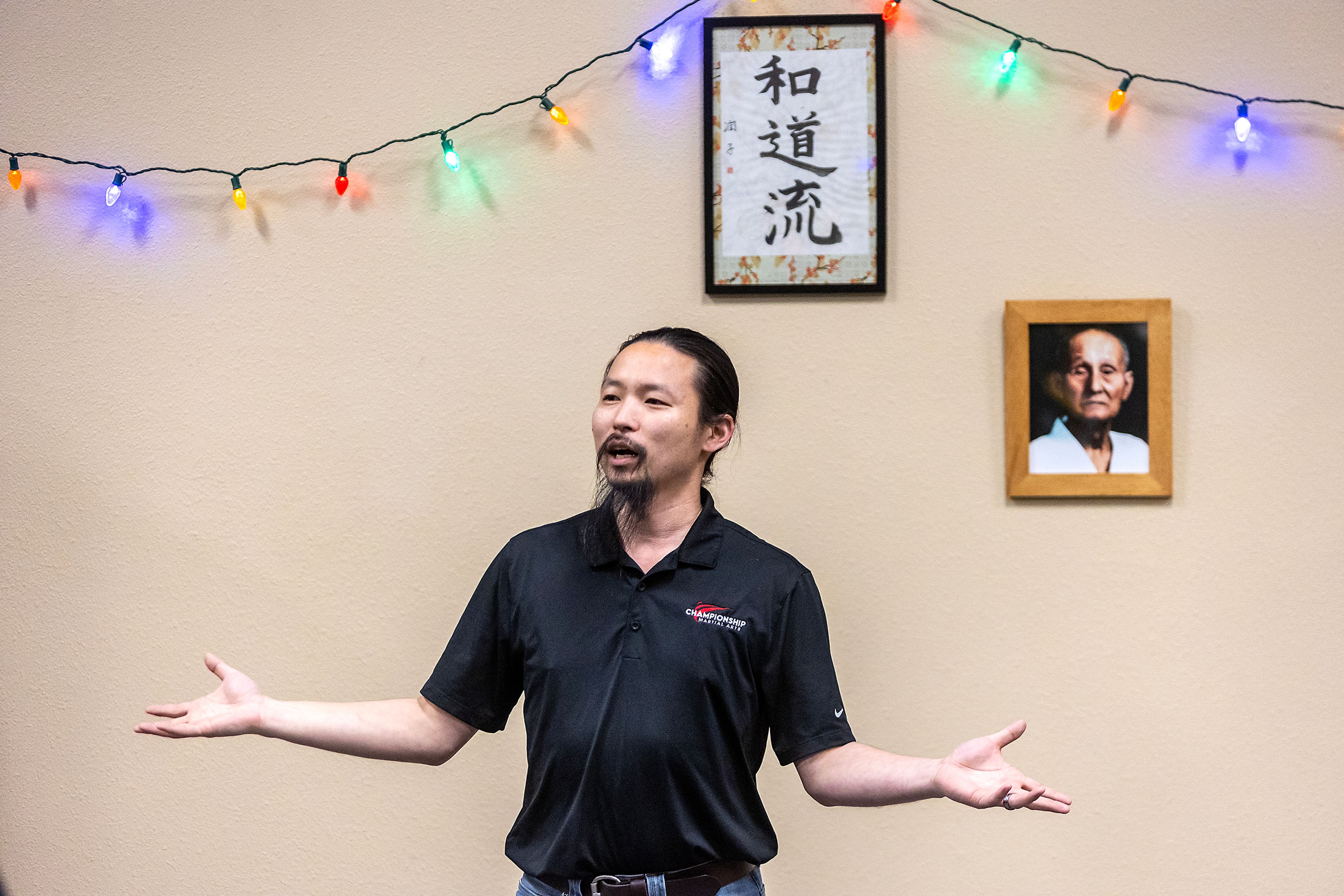 Chris Schwartz talks before his self-defense class at Northwest Wado-ryu karate Thursday last week in Moscow.