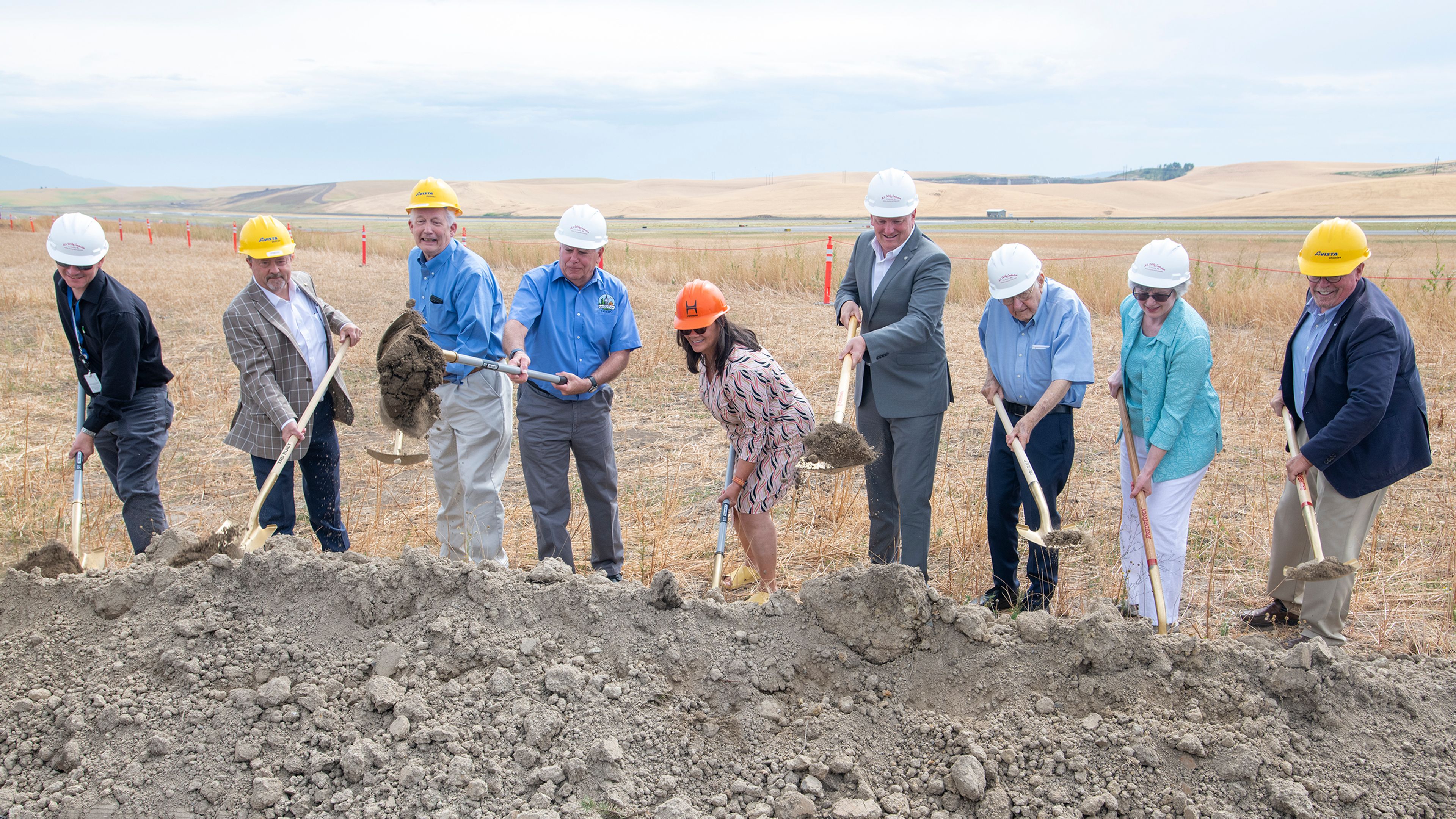 Ground is officially broken Wednesday on Pullman-Moscow Regional Airports’ new terminal project off Airport Road in Pullman. In the photo are PUW airport board members, from left, Tony Bean, A.A.E. PUW airport executive director; Jon Kimberling, City of Moscow representative; Glenn Johnson, board chairperson and Mayor of Pullman; Art Bettge, vice-chair and Mayor of Moscow; Stacy Pearson, Washington State University representative; Dan Ewart, University of Idaho representative; Ron Watcher, at-large representative; Karen Miles, FAA representative; and Paul Kimmell, Latah County representative.