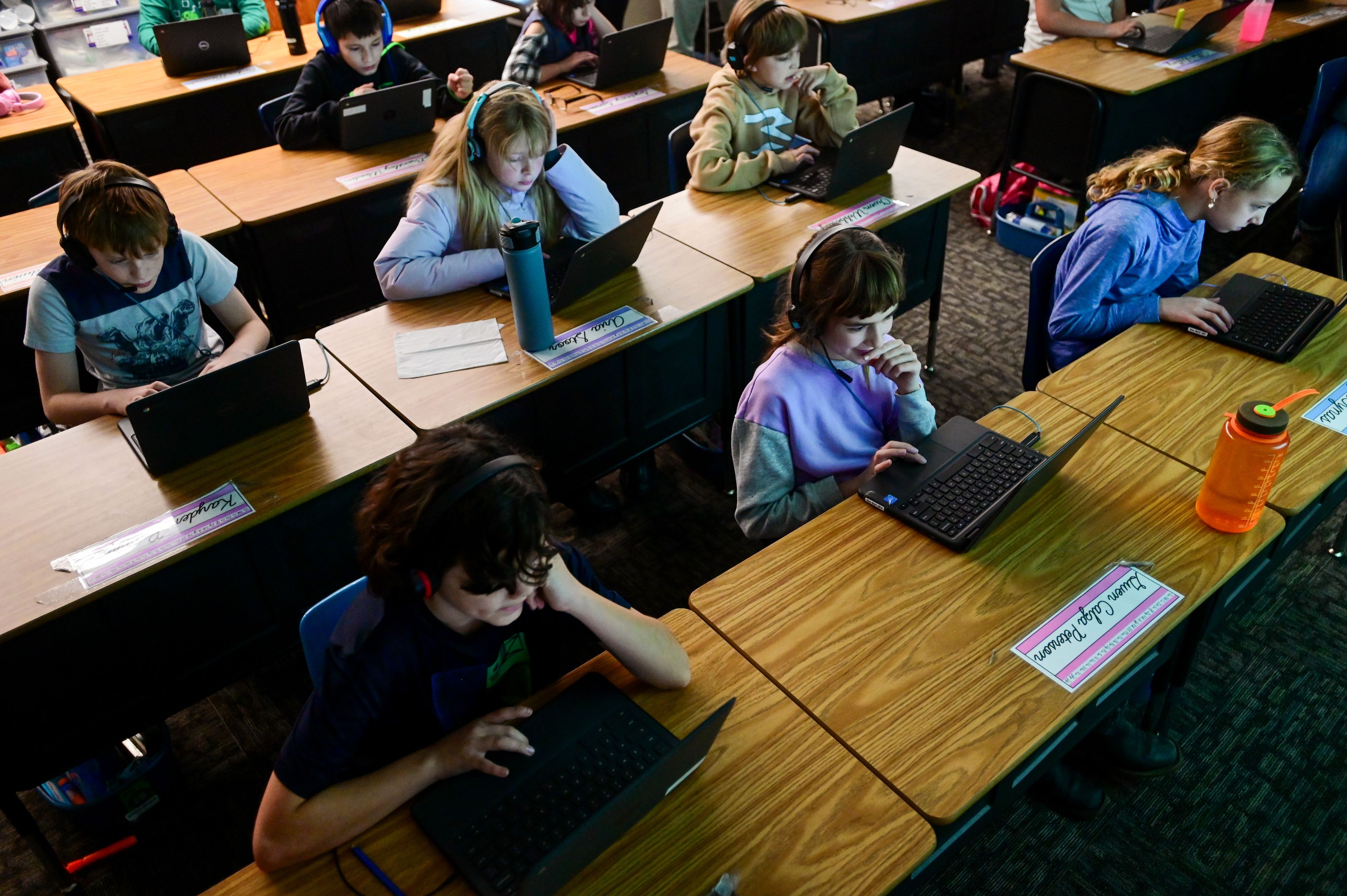 Fifth-grade Potlatch Elementary students take part in a coding activity during a visit from Schweitzer Engineering Laboratories engineers for a day-long Hour of Code event on Tuesday.