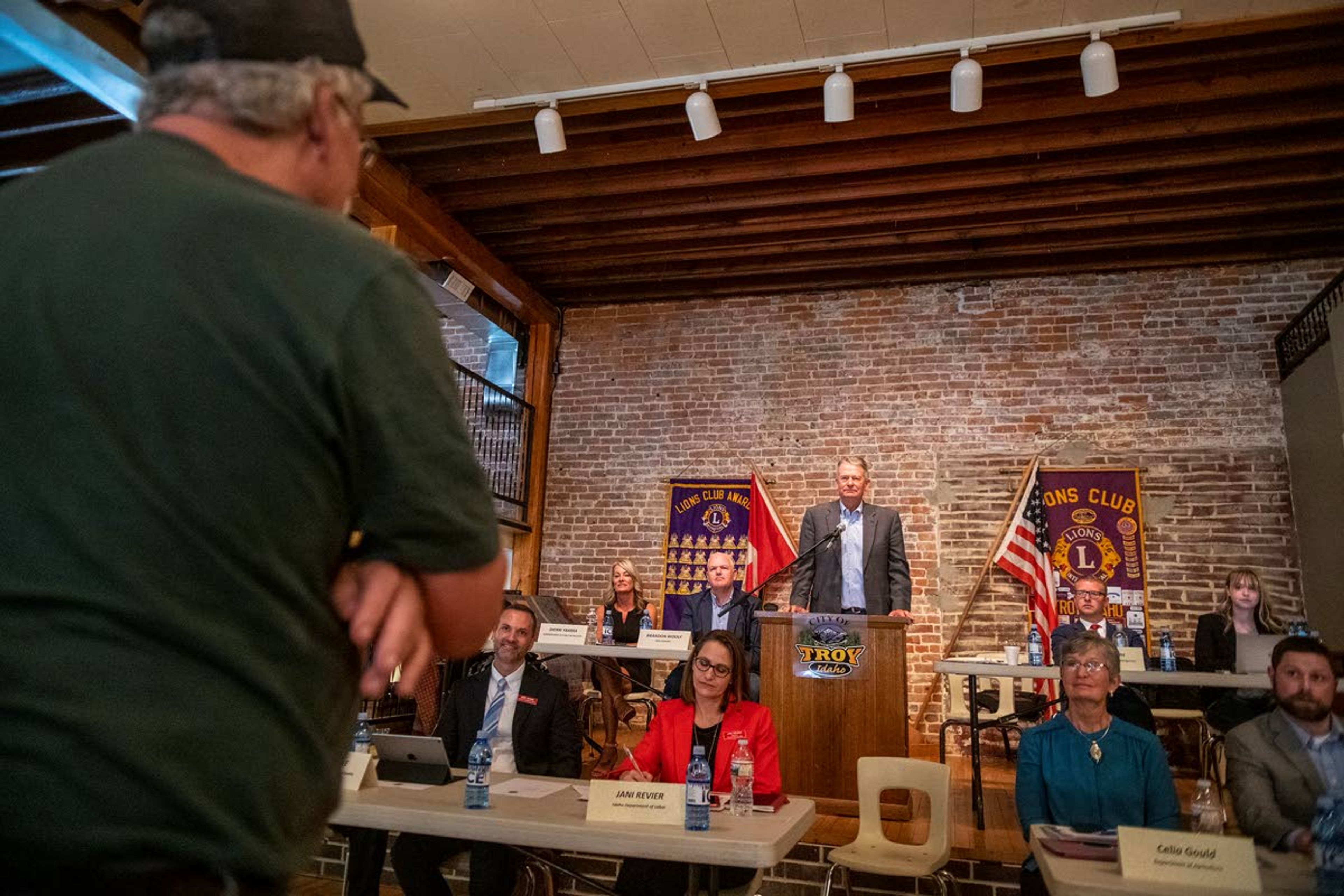 Bob Hassoldt, of Kendrick, asks Idaho Gov. Brad Little a question regarding the regulations of increasing mill capacity in the state during Little’s “Capital for a Day” on Thursday afternoon at Troy’s Lions Club.