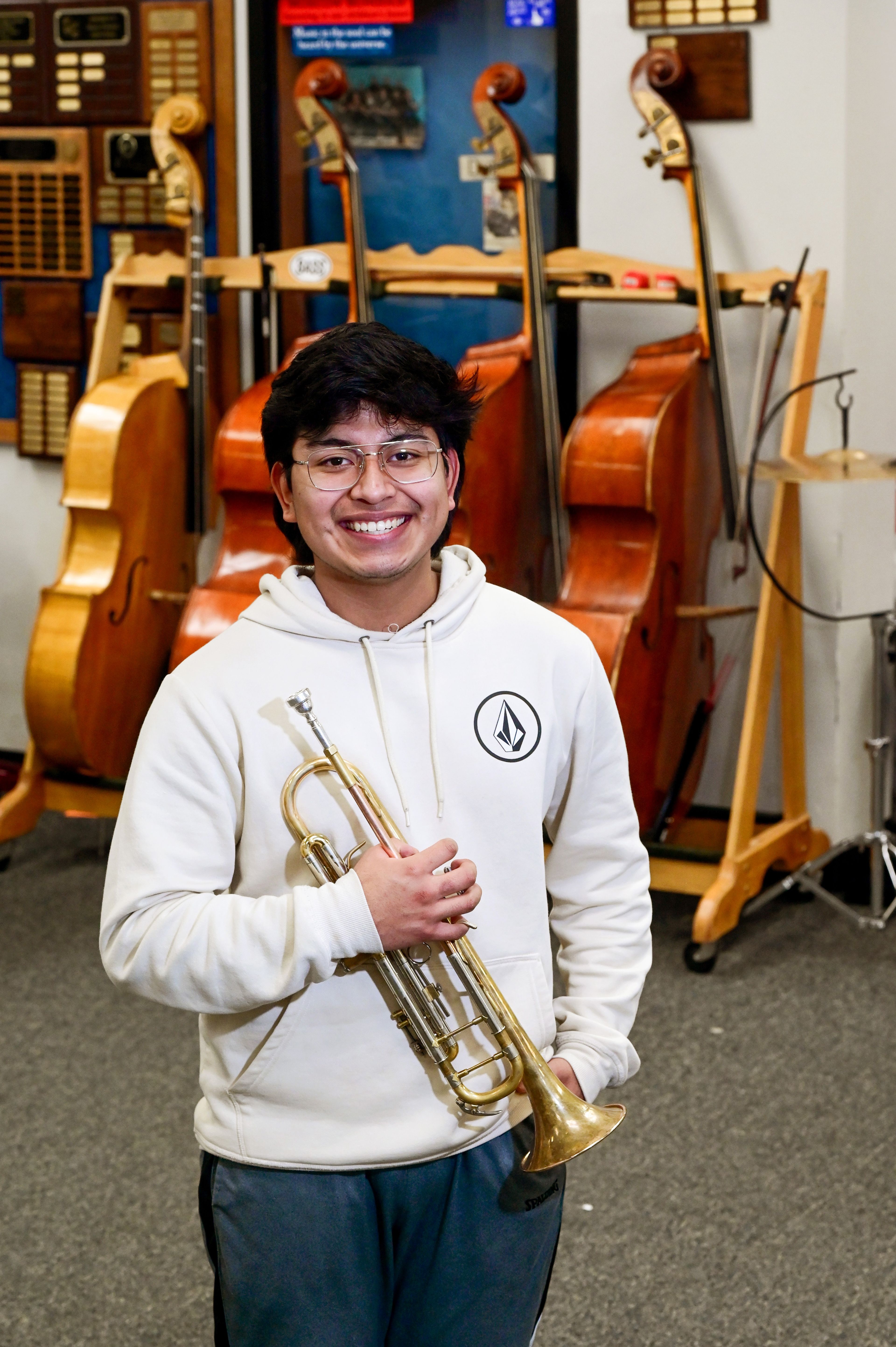 Moscow High School junior James McKinley holds his trumpet in the band hall at the school on Wednesday. McKinley was selected to play in the 2024 All-American D-Day Band, which will perform in Paris and Normandy.