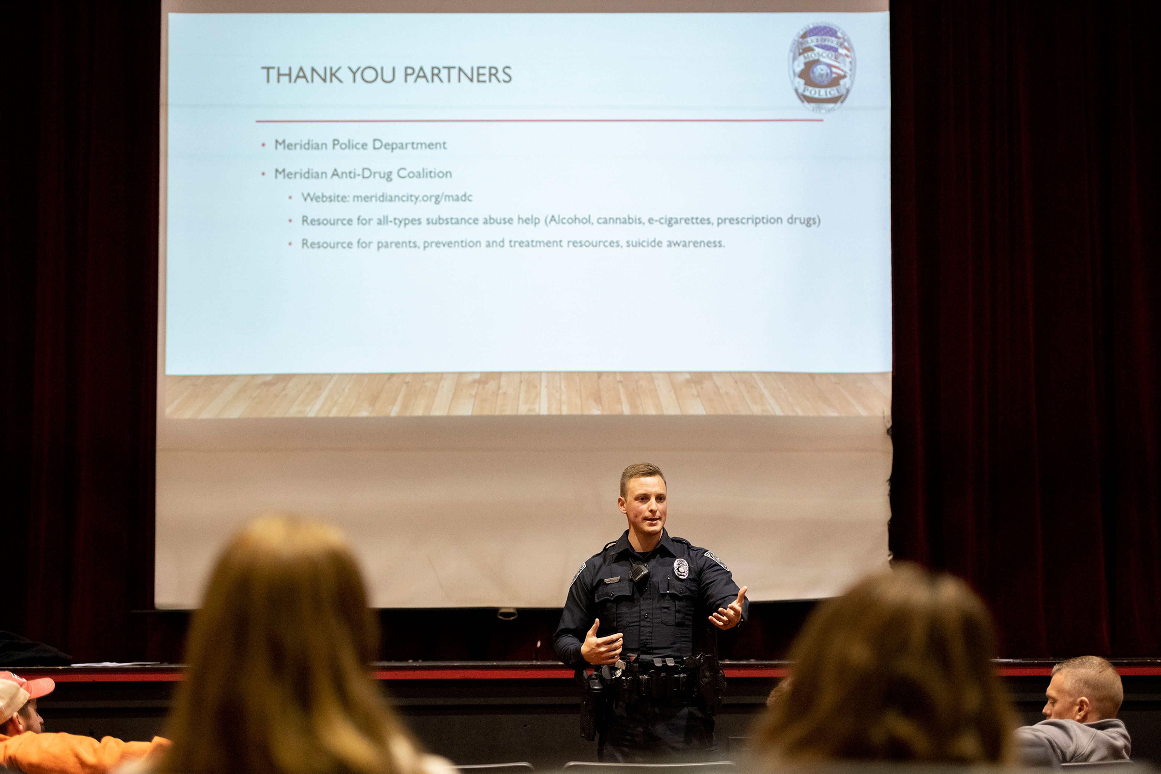 Officer Mitch Nunes speaks to an audience Tuesday during a drug awareness presentation from the Moscow Police Department in honor of Red Ribbon Week at Moscow High School.