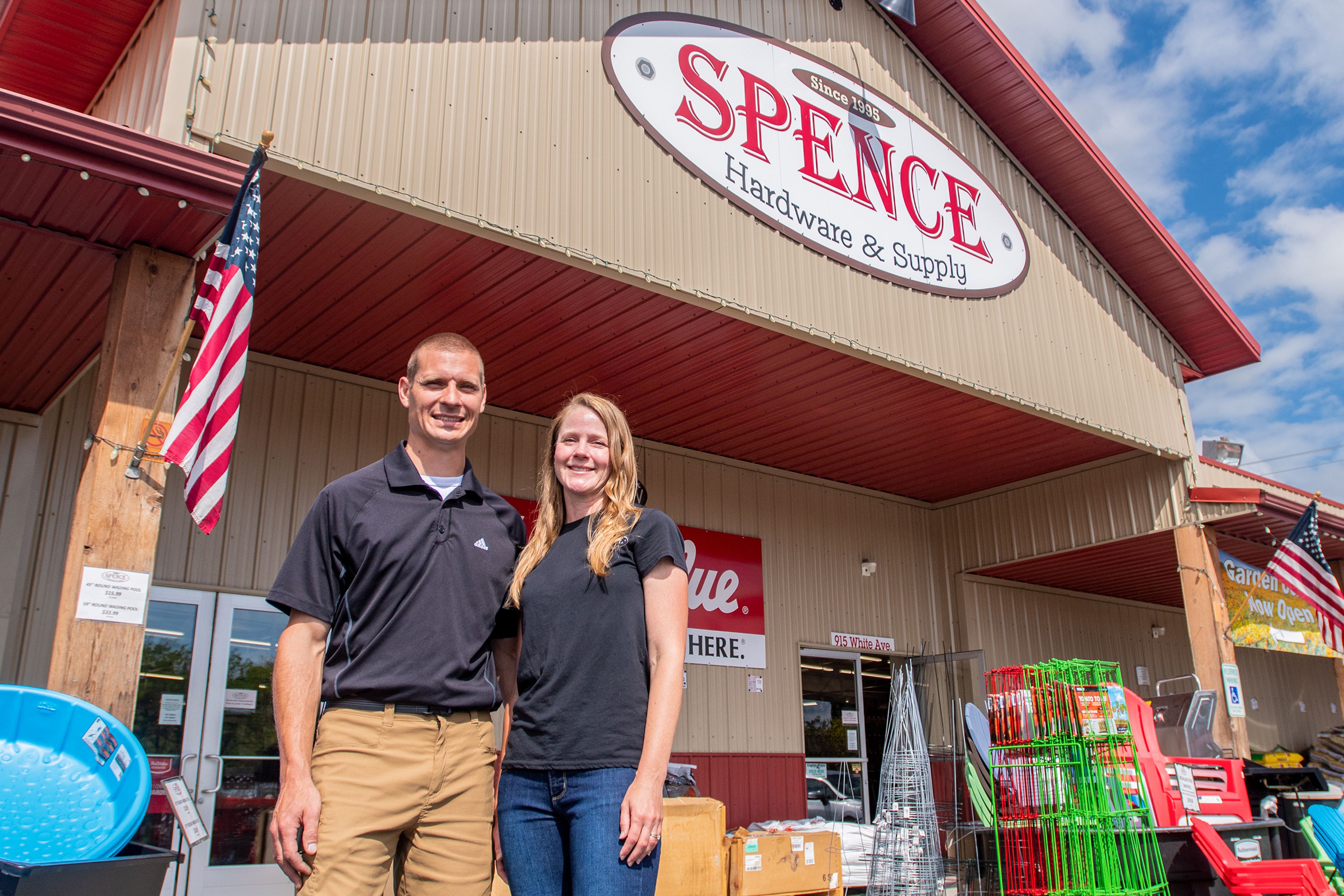 Kevin and Sarah Schultz, co-owners of Spence Hardware & Supply in Moscow, pose in front of the store.