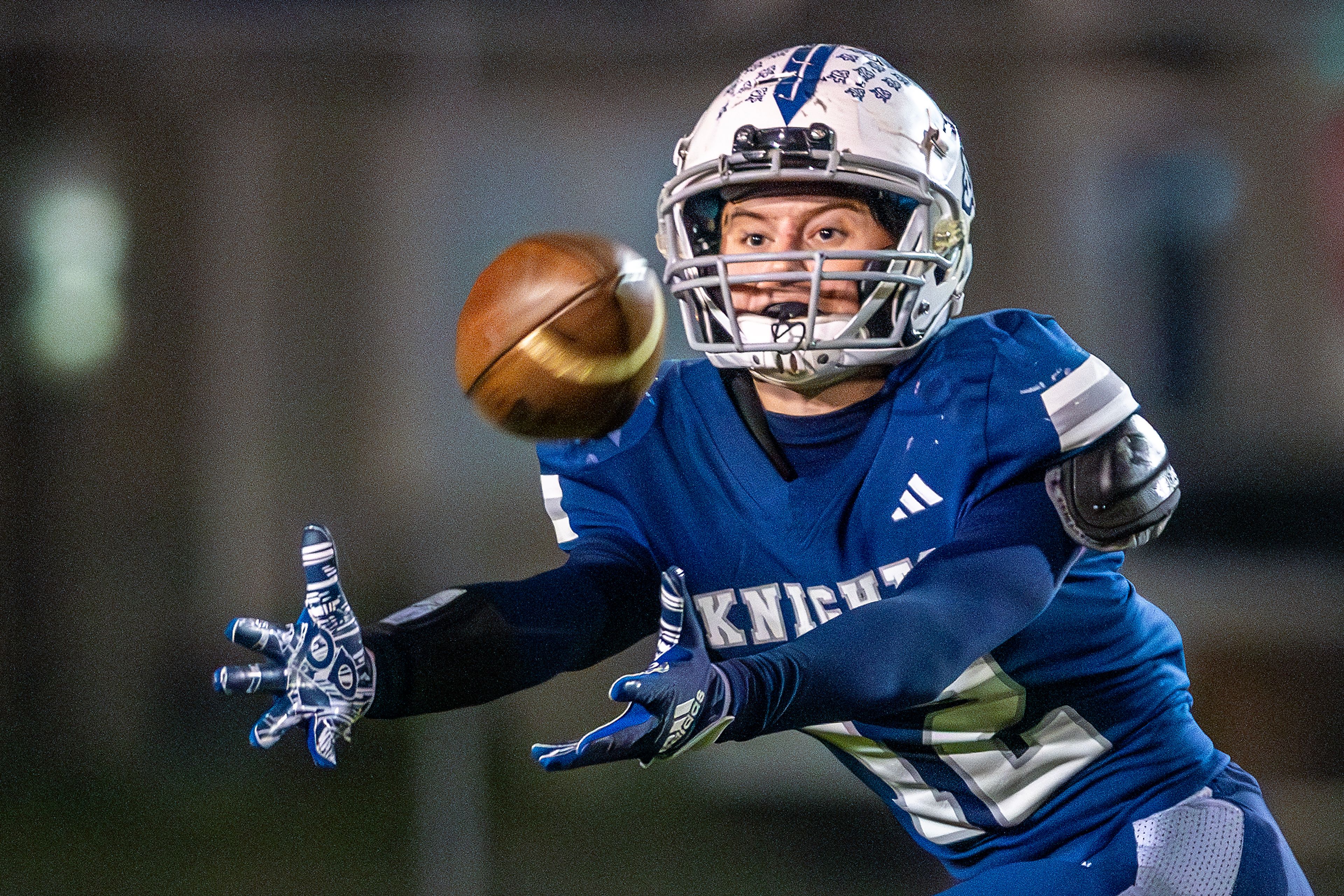 Logos wide receiver Ryan Daniels makes a catch against Kendrick in a semifinal game of the Idaho State Football Class 2A Championships Friday at Bengal Field in Lewiston.