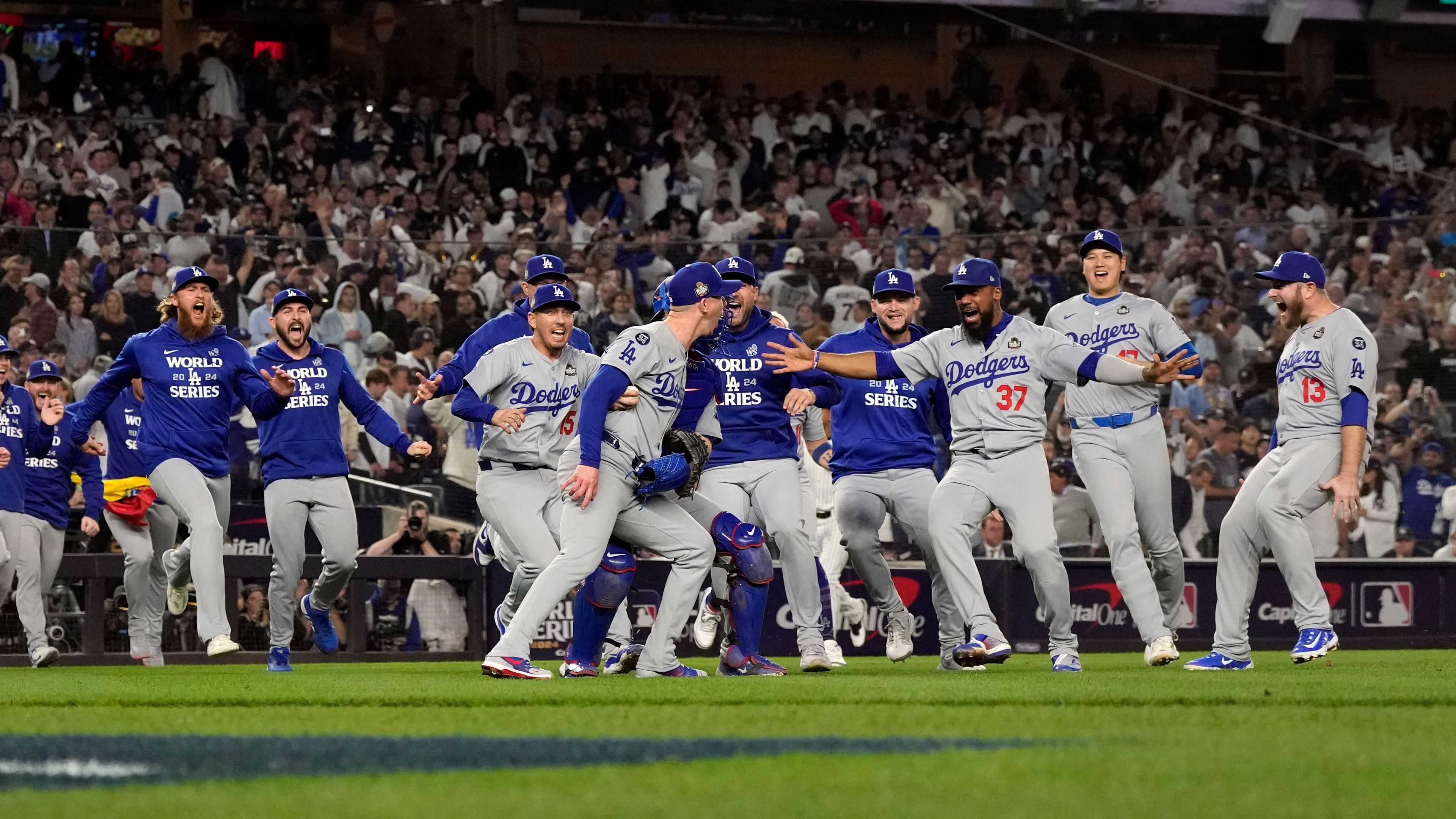 The Los Angeles Dodgers celebrate their win against the New York Yankees in Game 5 to win the baseball World Series, Wednesday, Oct. 30, 2024, in New York. (AP Photo/Godofredo A. VÃ¡squez)