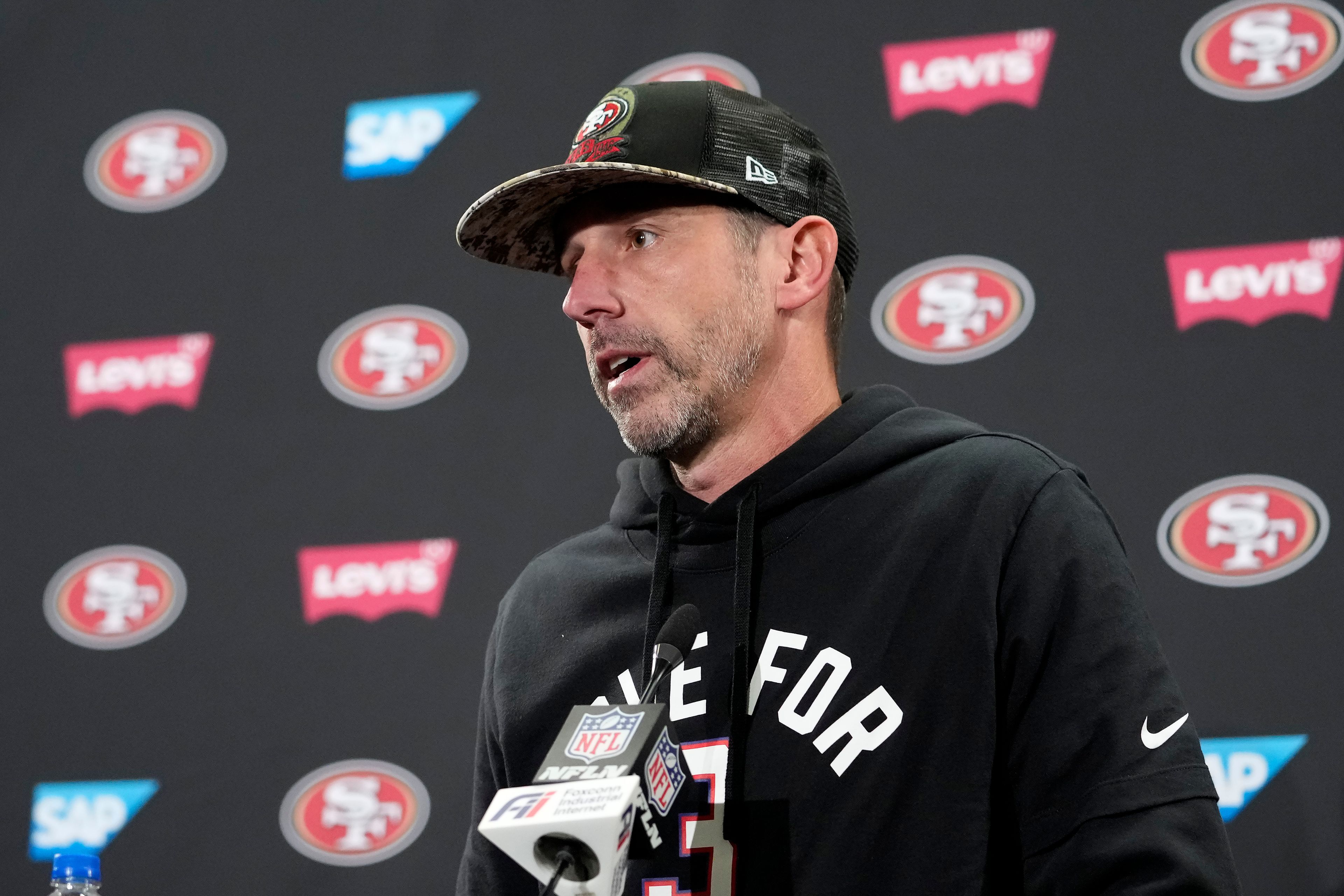 San Francisco 49ers head coach Kyle Shanahan speaks at a news conference after the team's NFL football game against the Arizona Cardinals in Santa Clara, Calif., Sunday, Jan. 8, 2023. (AP Photo/Godofredo A. Vásquez)