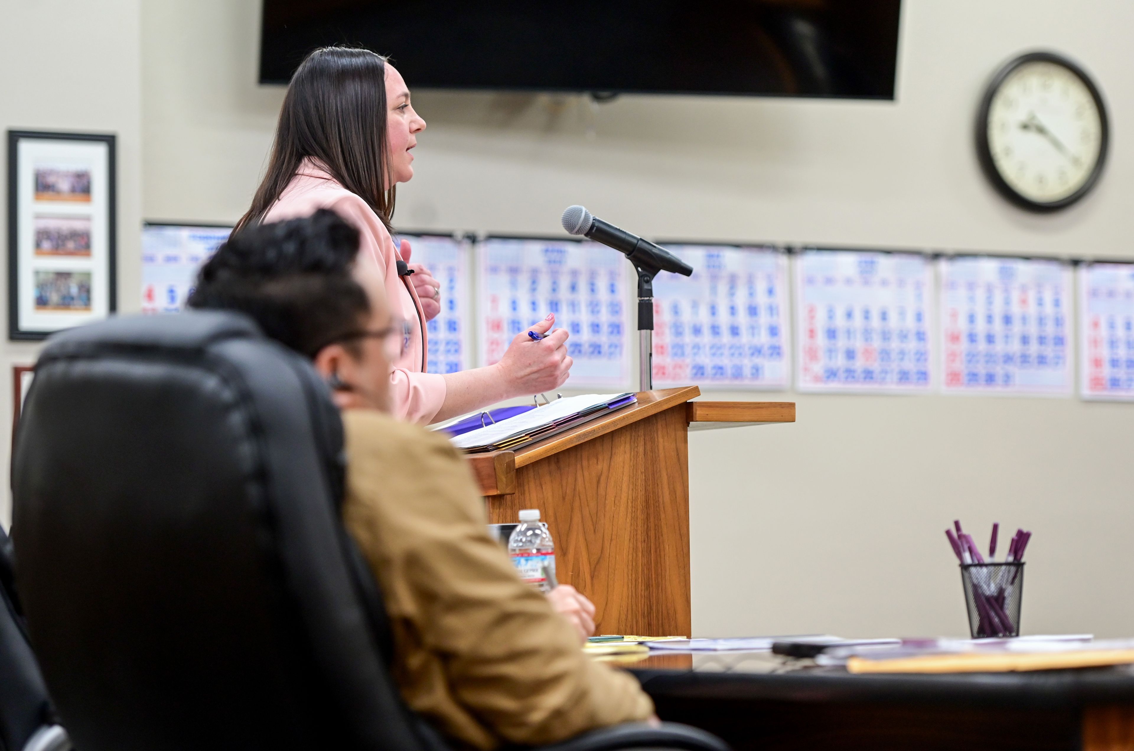 Prosecutor Tessa Scholl examines a witness in the trial for Juan Trejo Perez, front, who’s accused of molesting a teenage boy in Pullman, at the Whitman County Superior Court in Colfax on Tuesday.